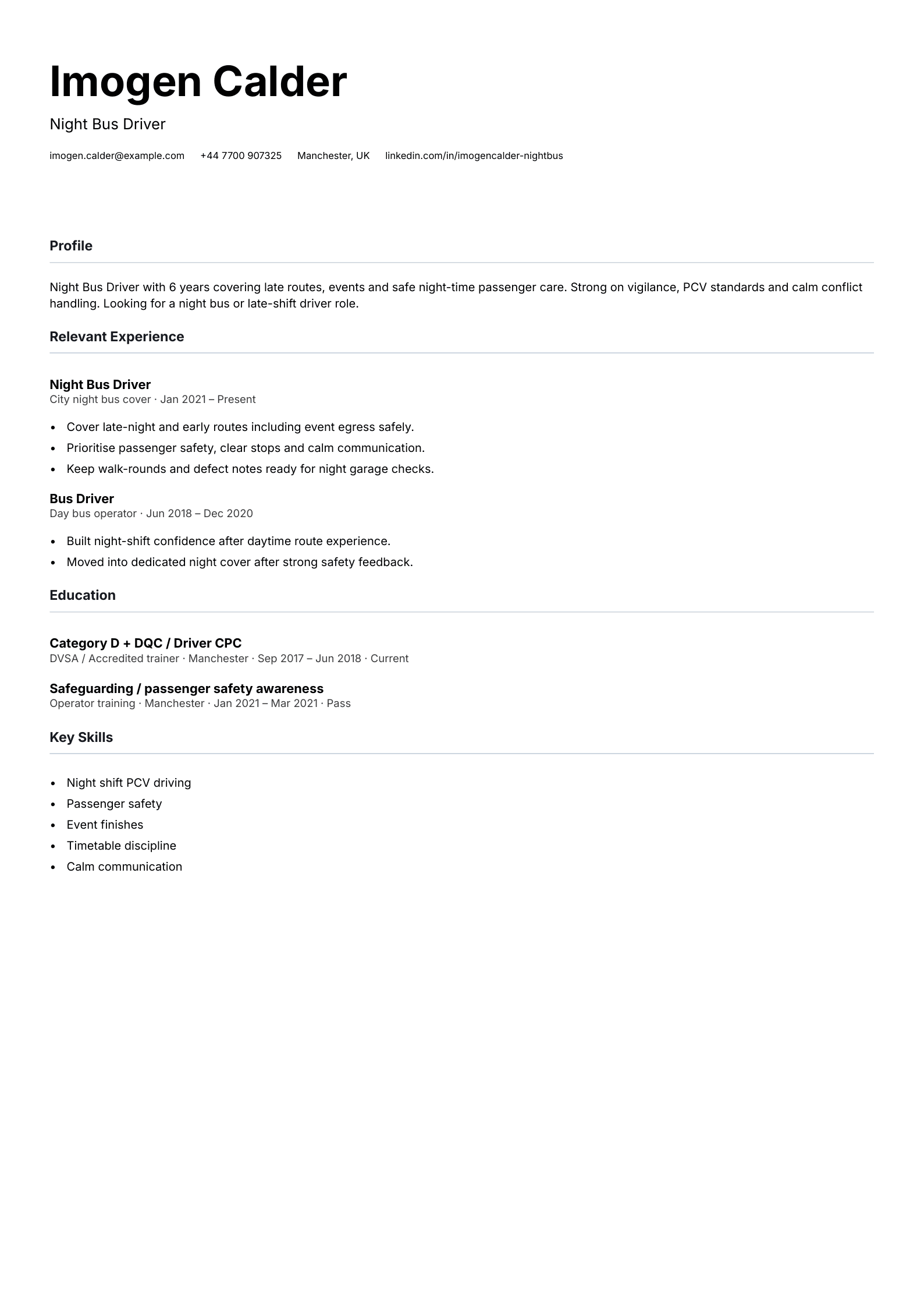 night bus driver CV template