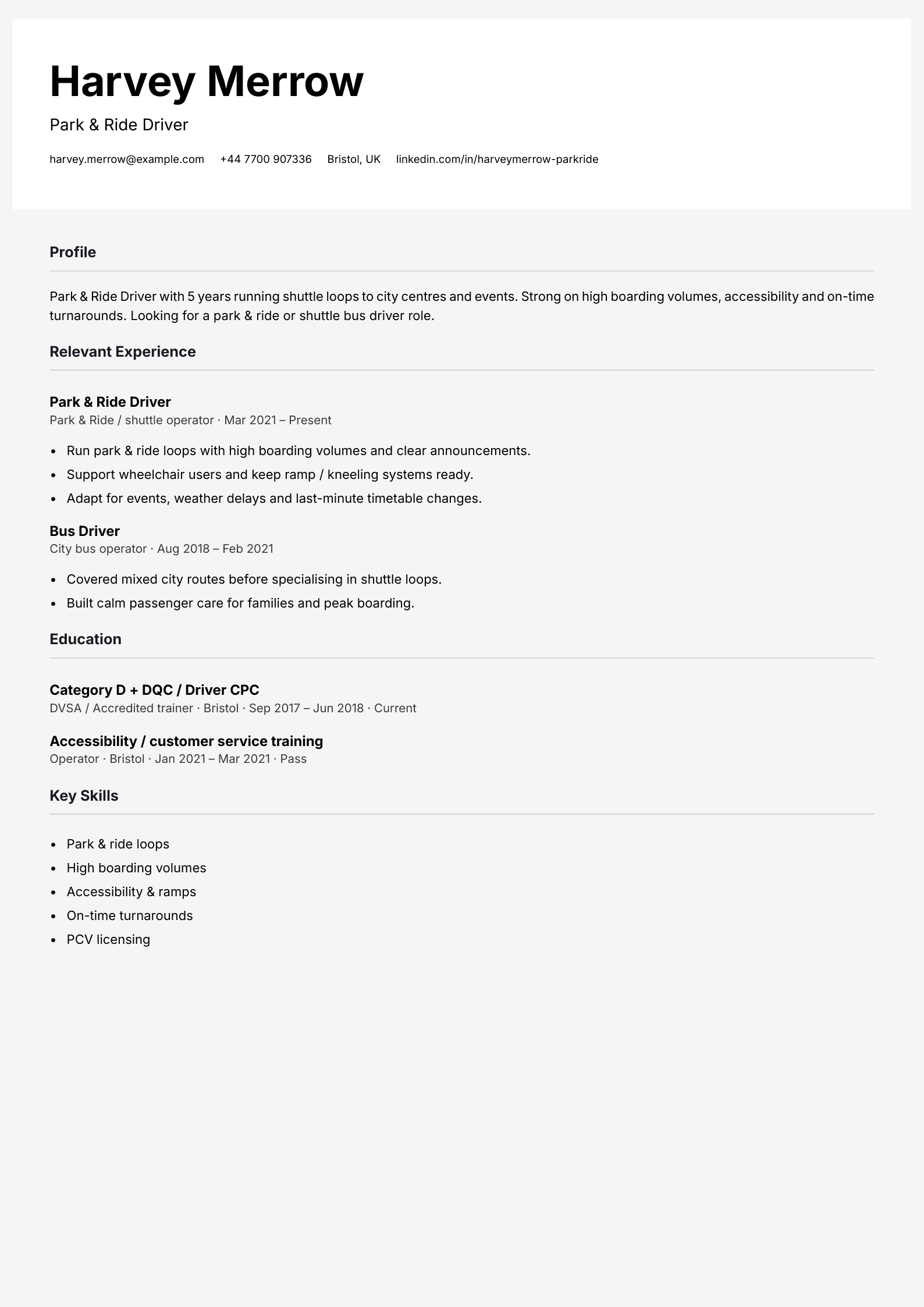 park and ride driver CV template
