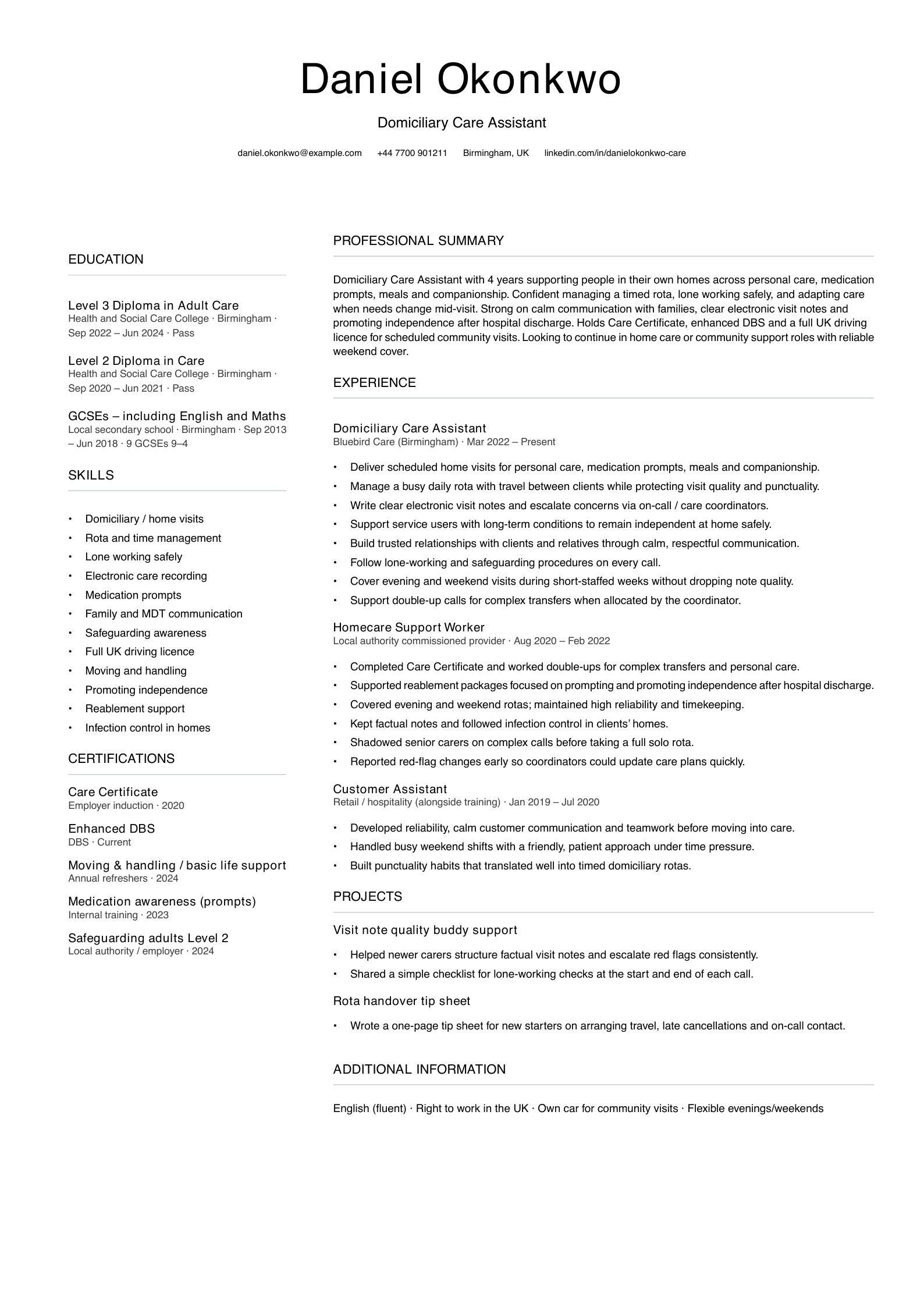 domiciliary care assistant cv template