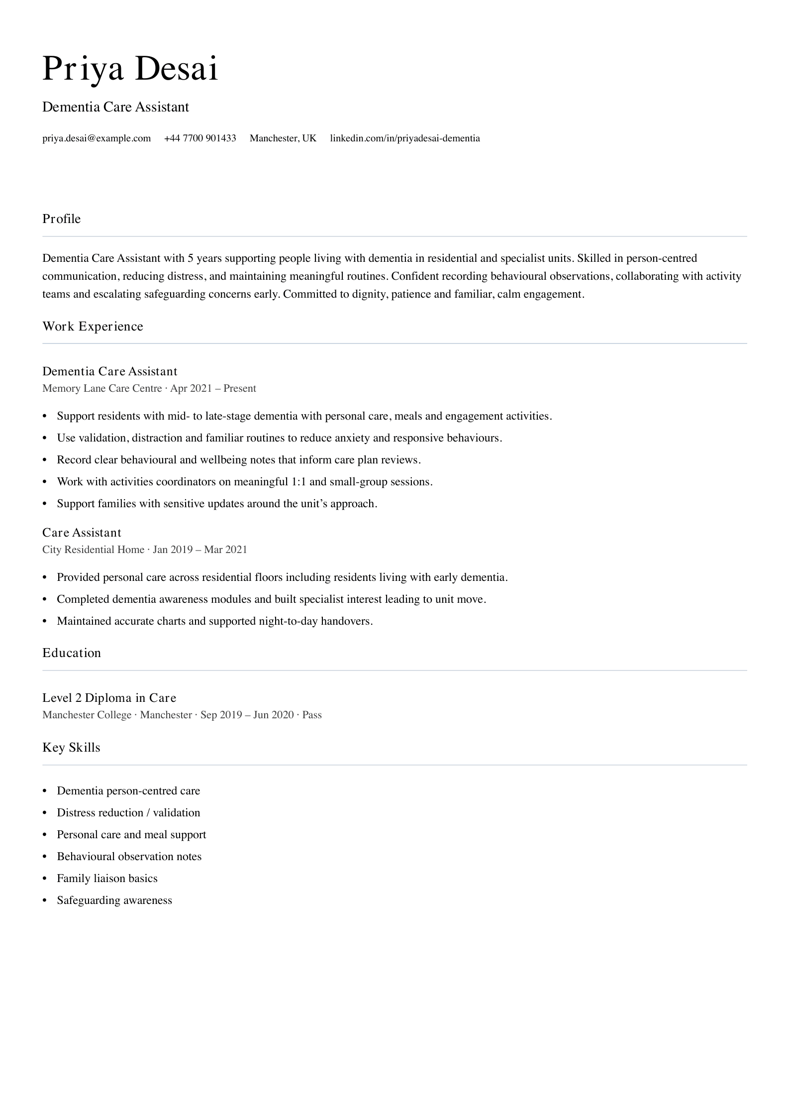 dementia care assistant cv template