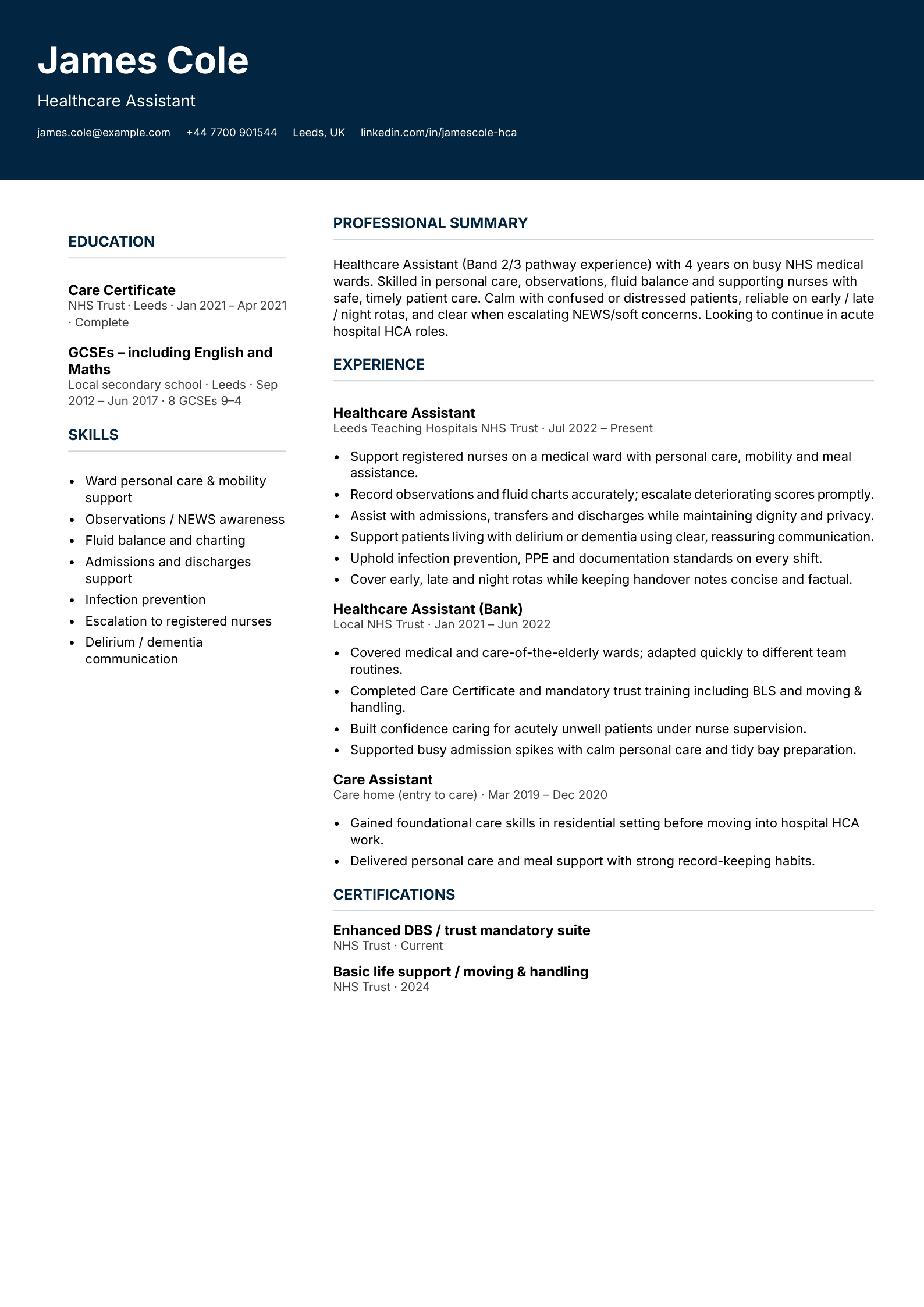 Hospital healthcare assistant CV template