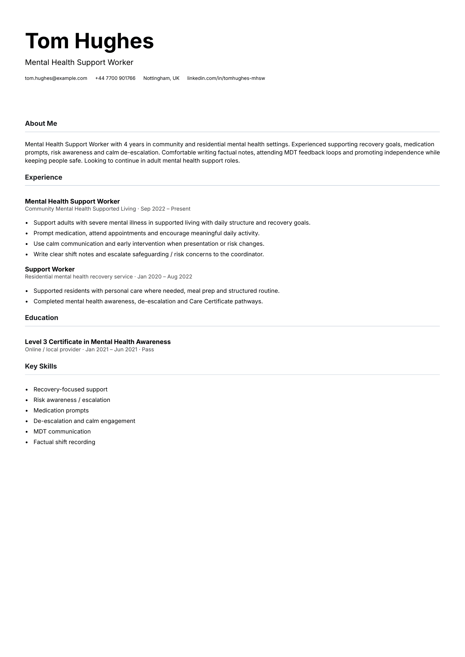 mental health support worker cv template