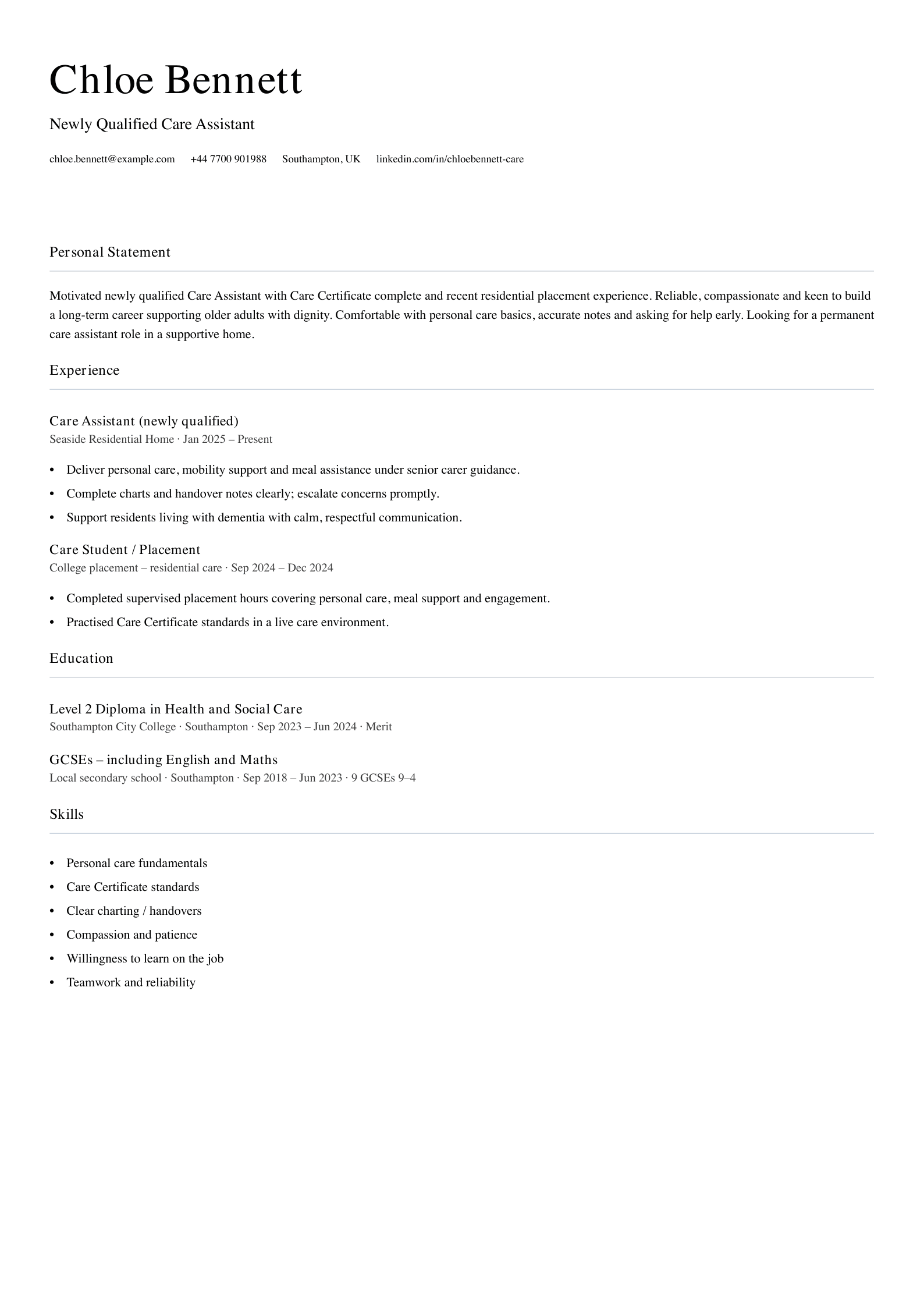 newly qualified care assistant cv template