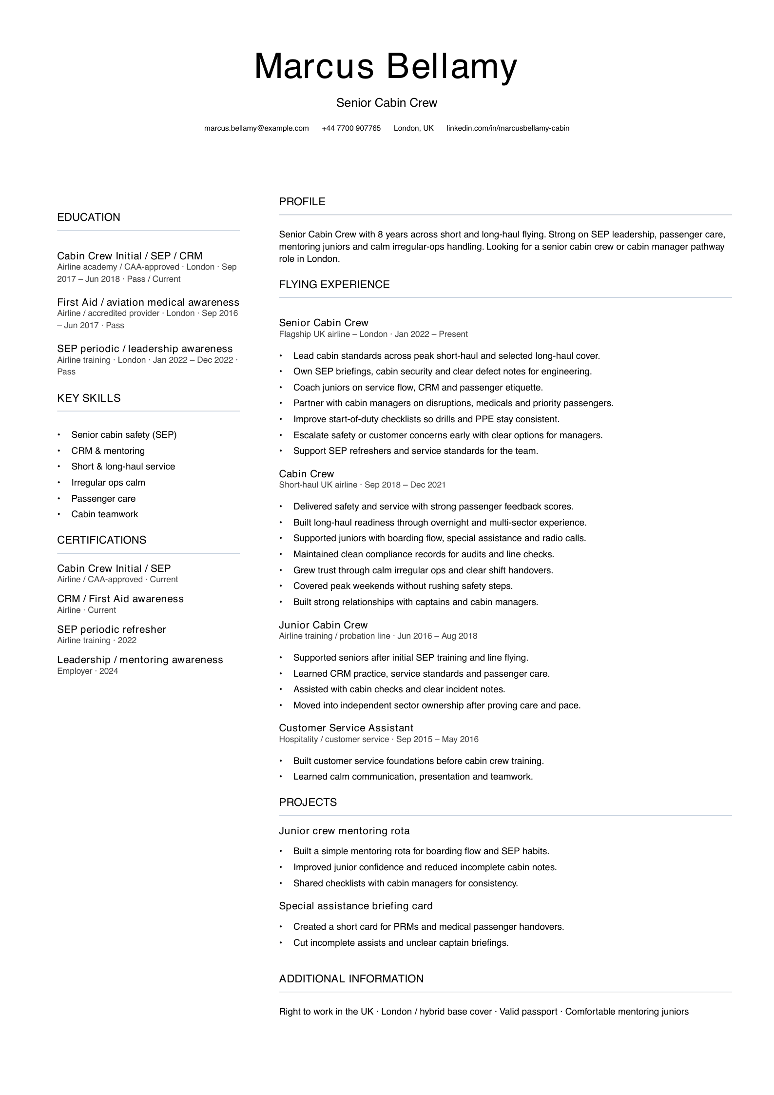 senior cabin crew CV template