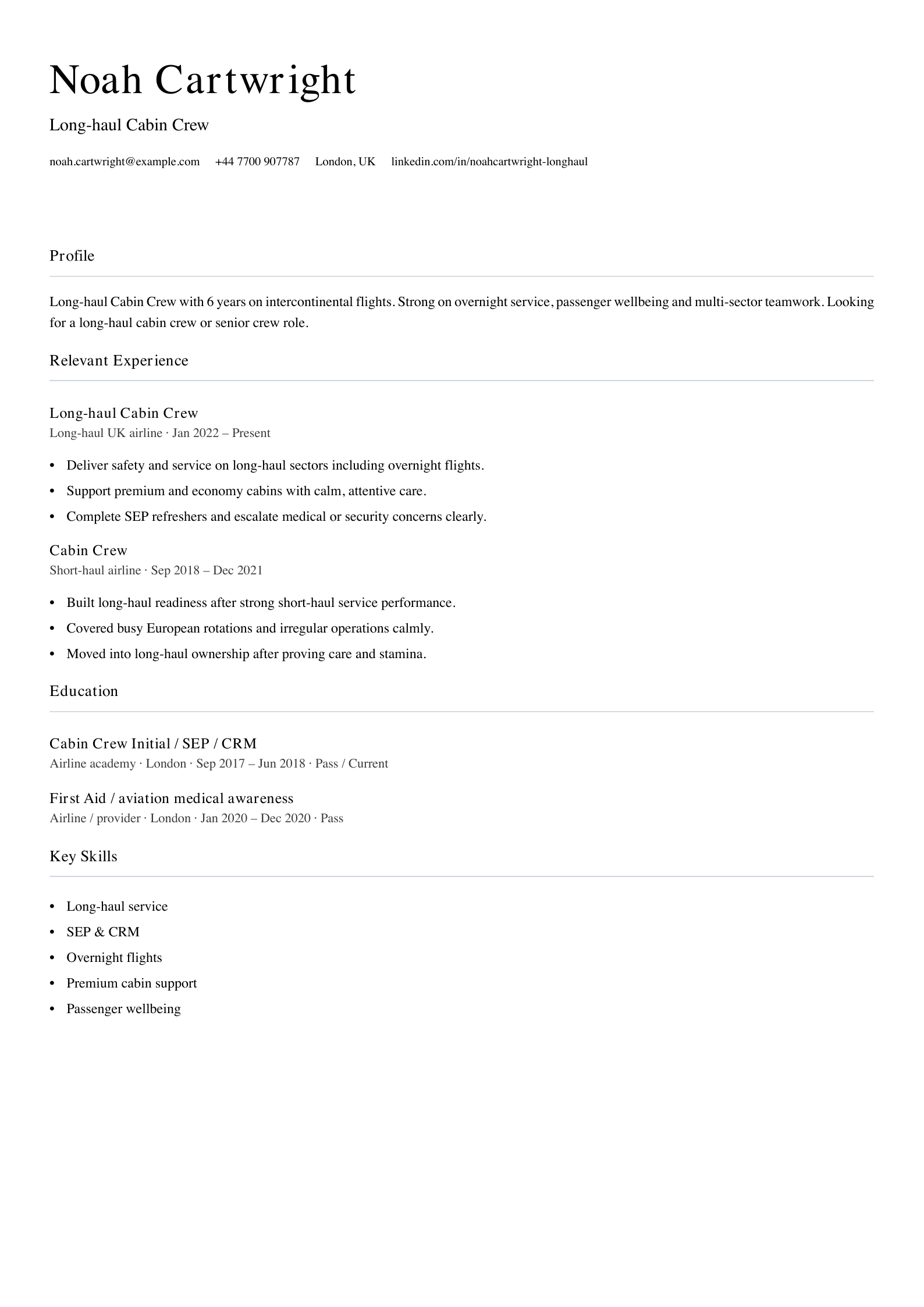 Long-haul cabin crew CV template