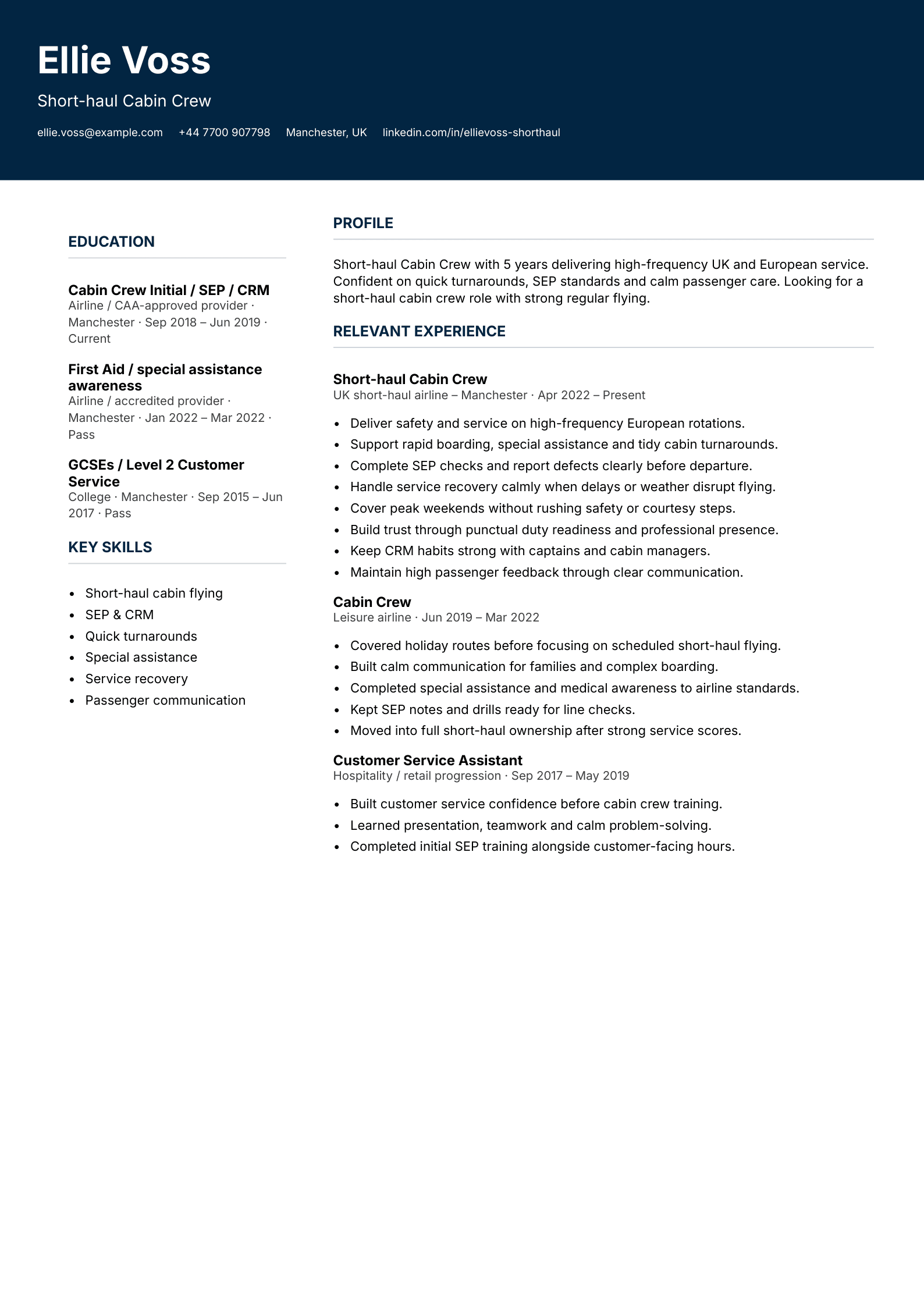 short-haul cabin crew CV template