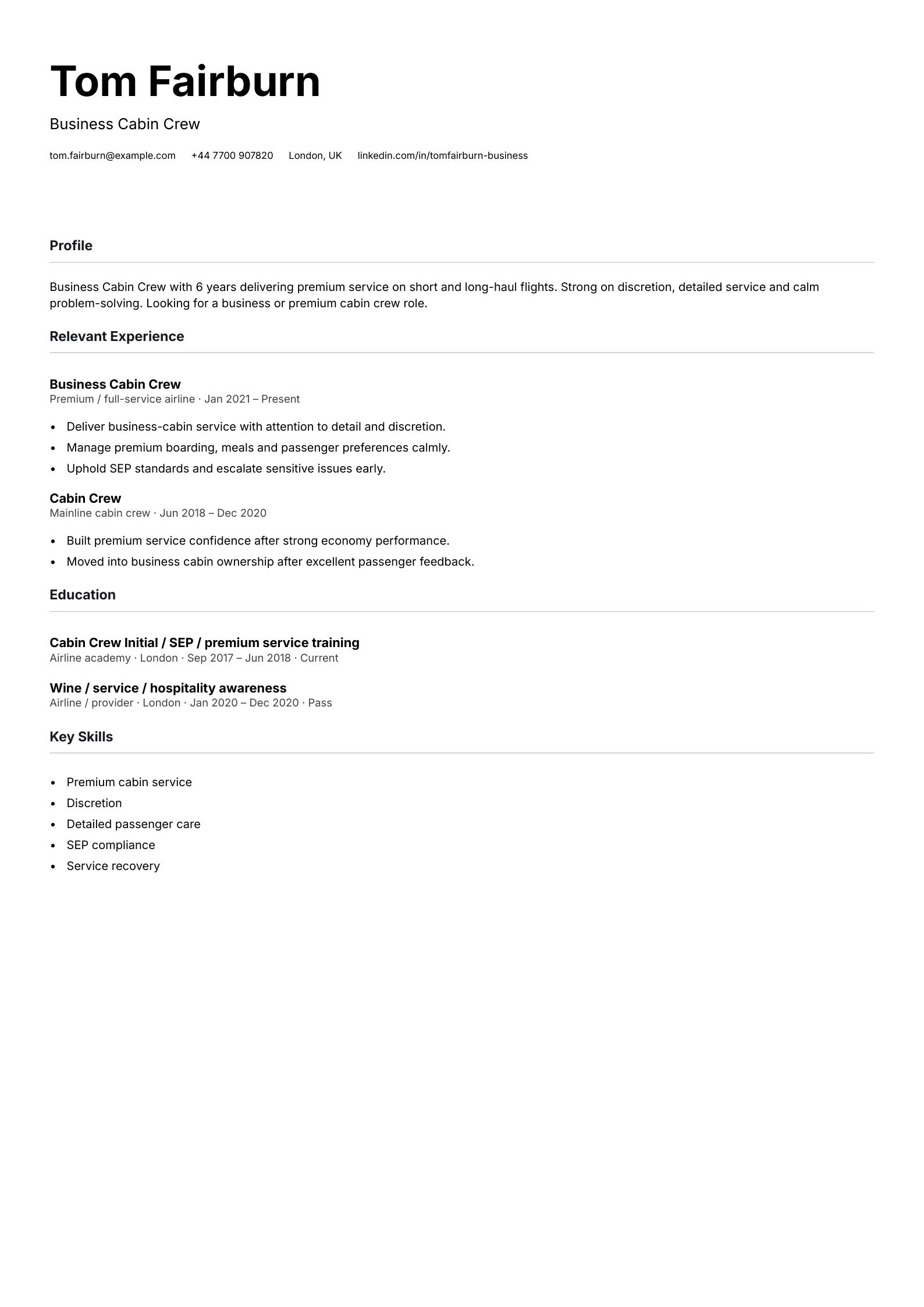 business cabin crew CV template