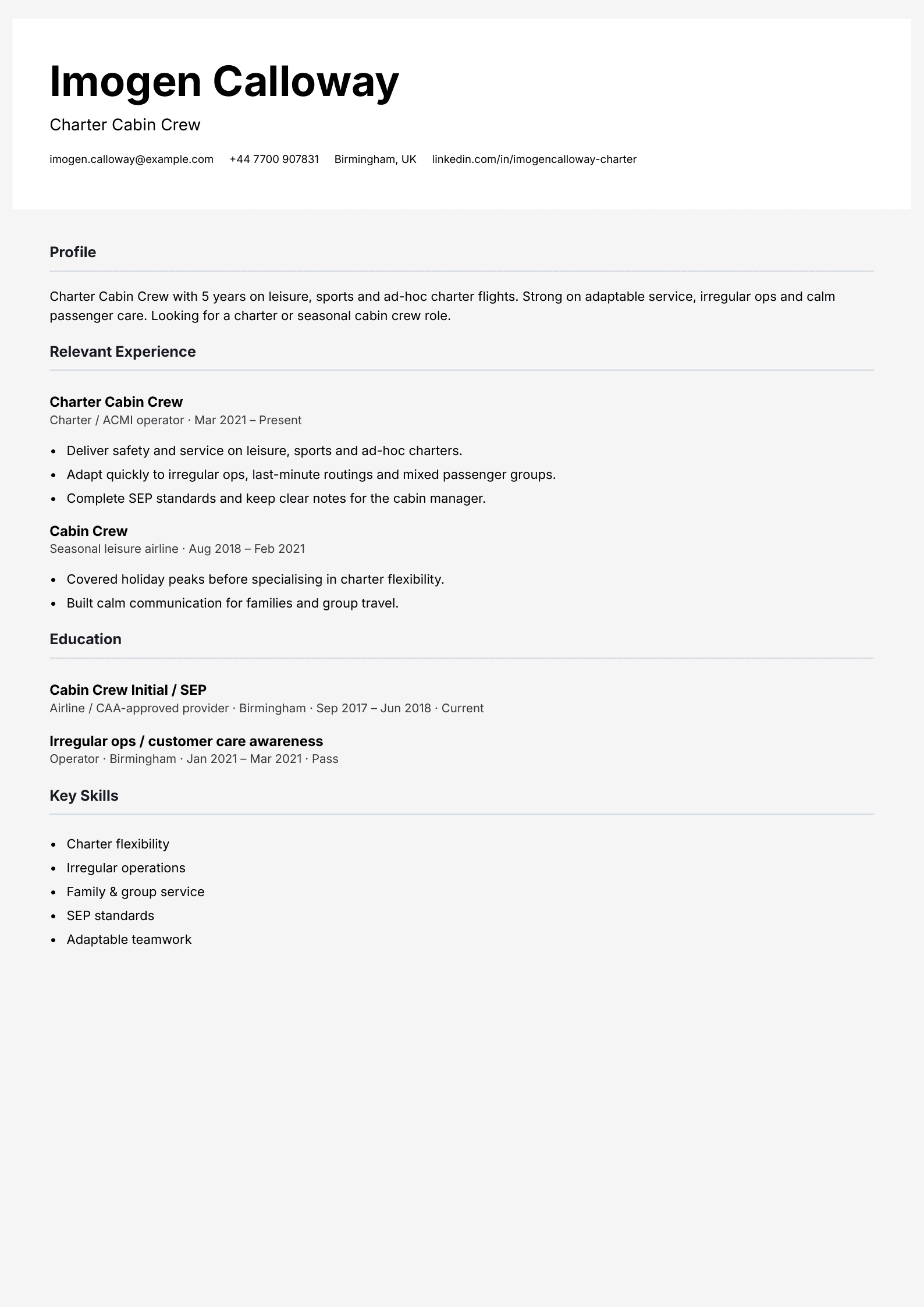 charter cabin crew CV template