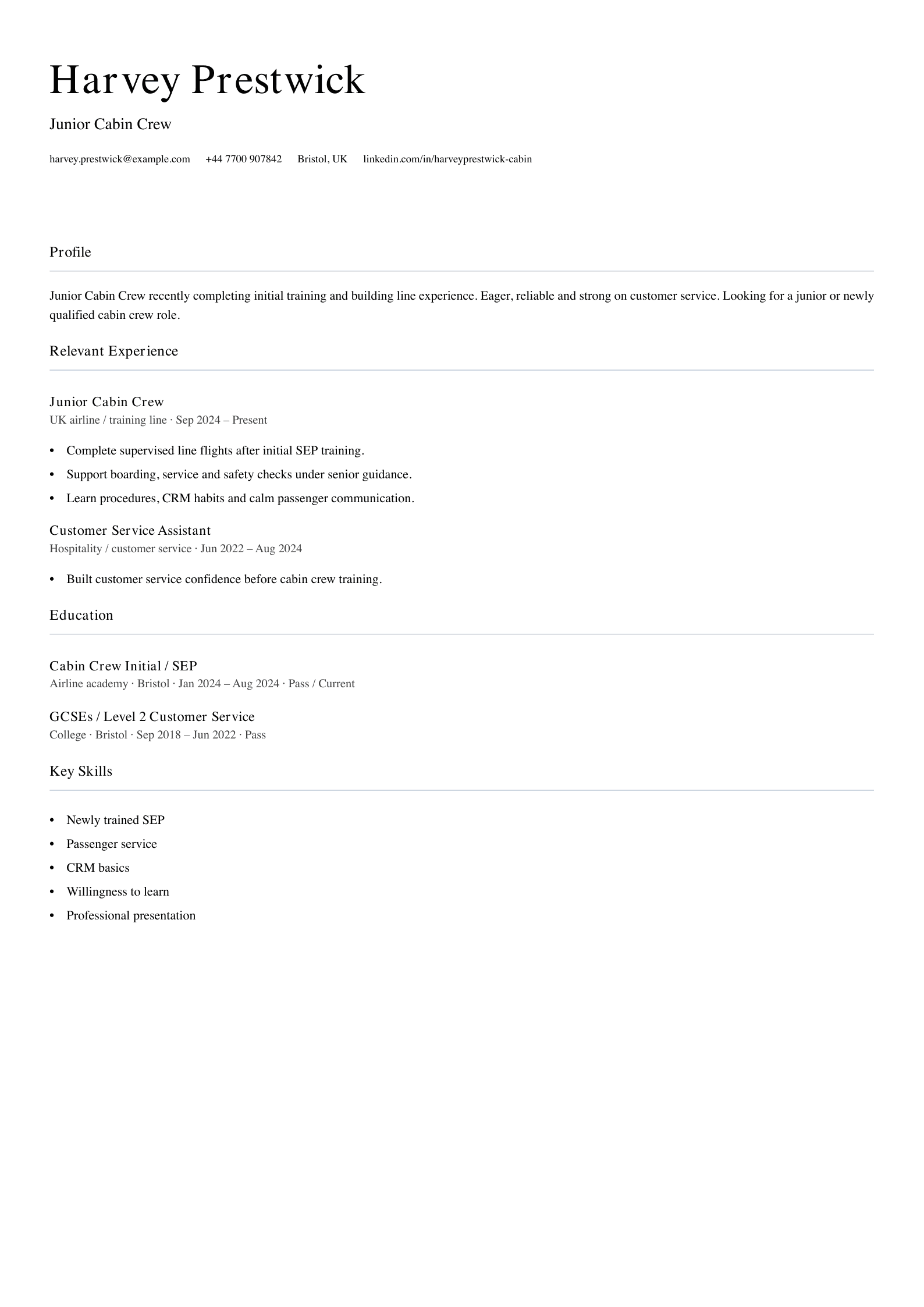 junior cabin crew CV template