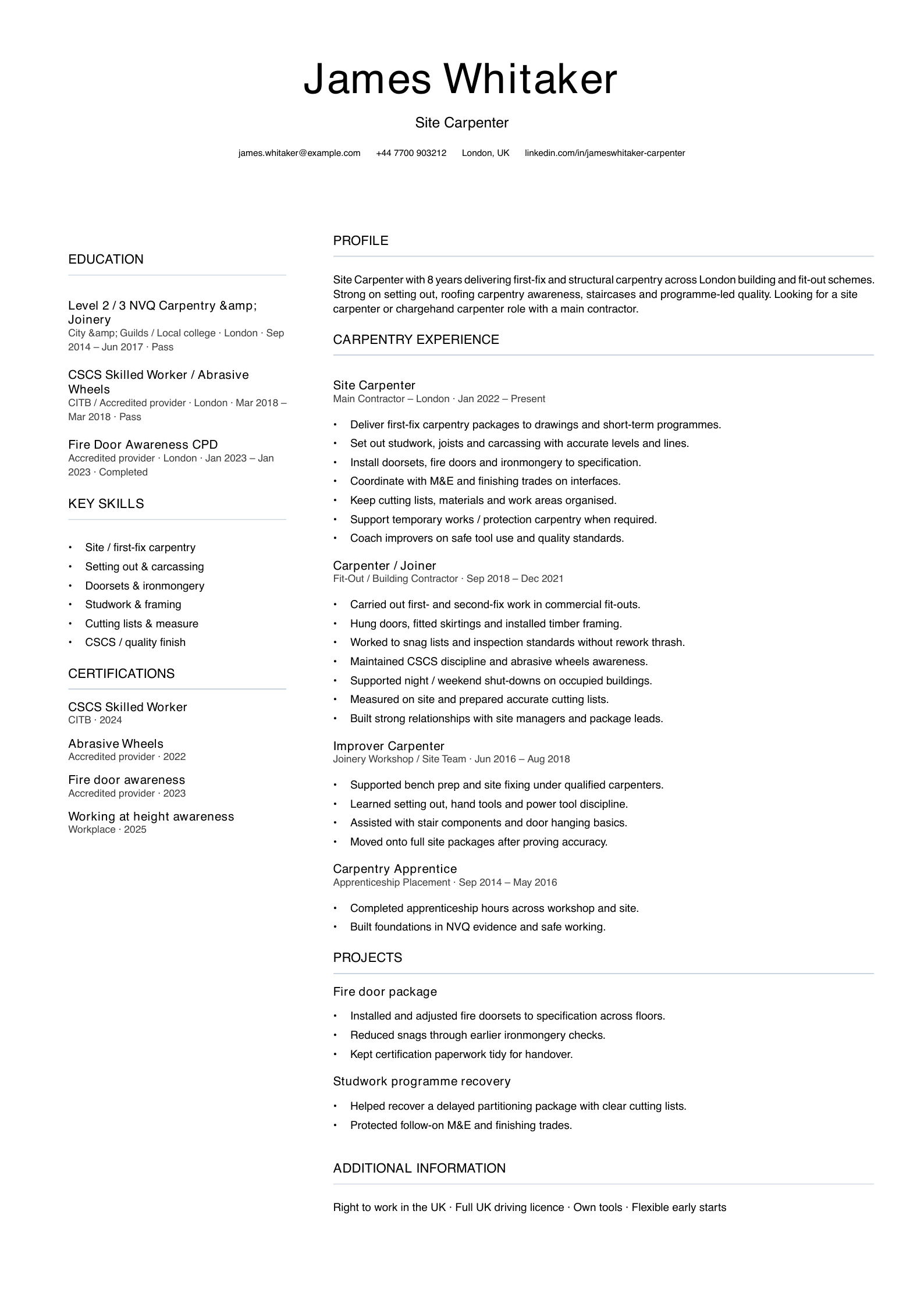 site carpenter CV template