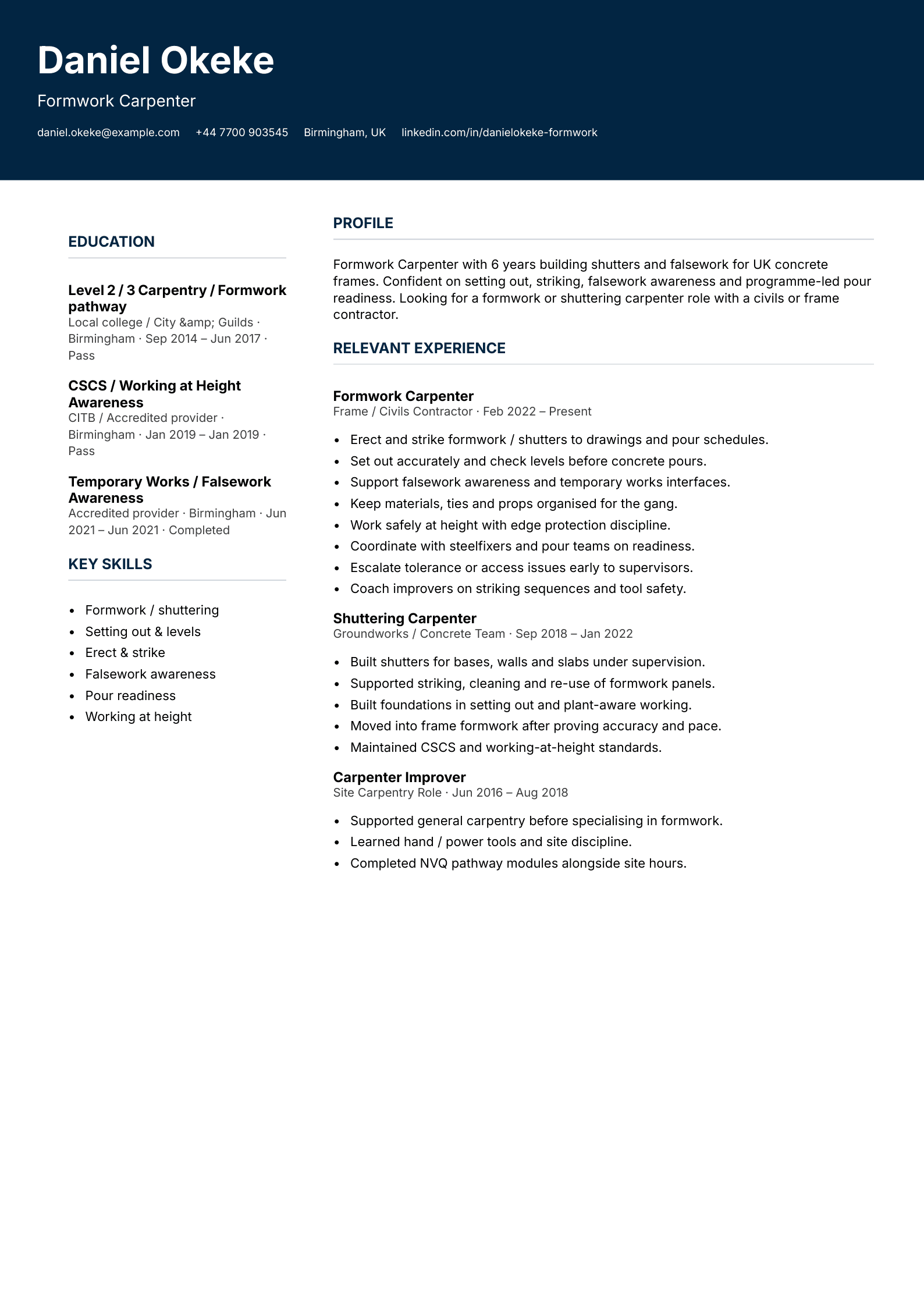 formwork carpenter CV template