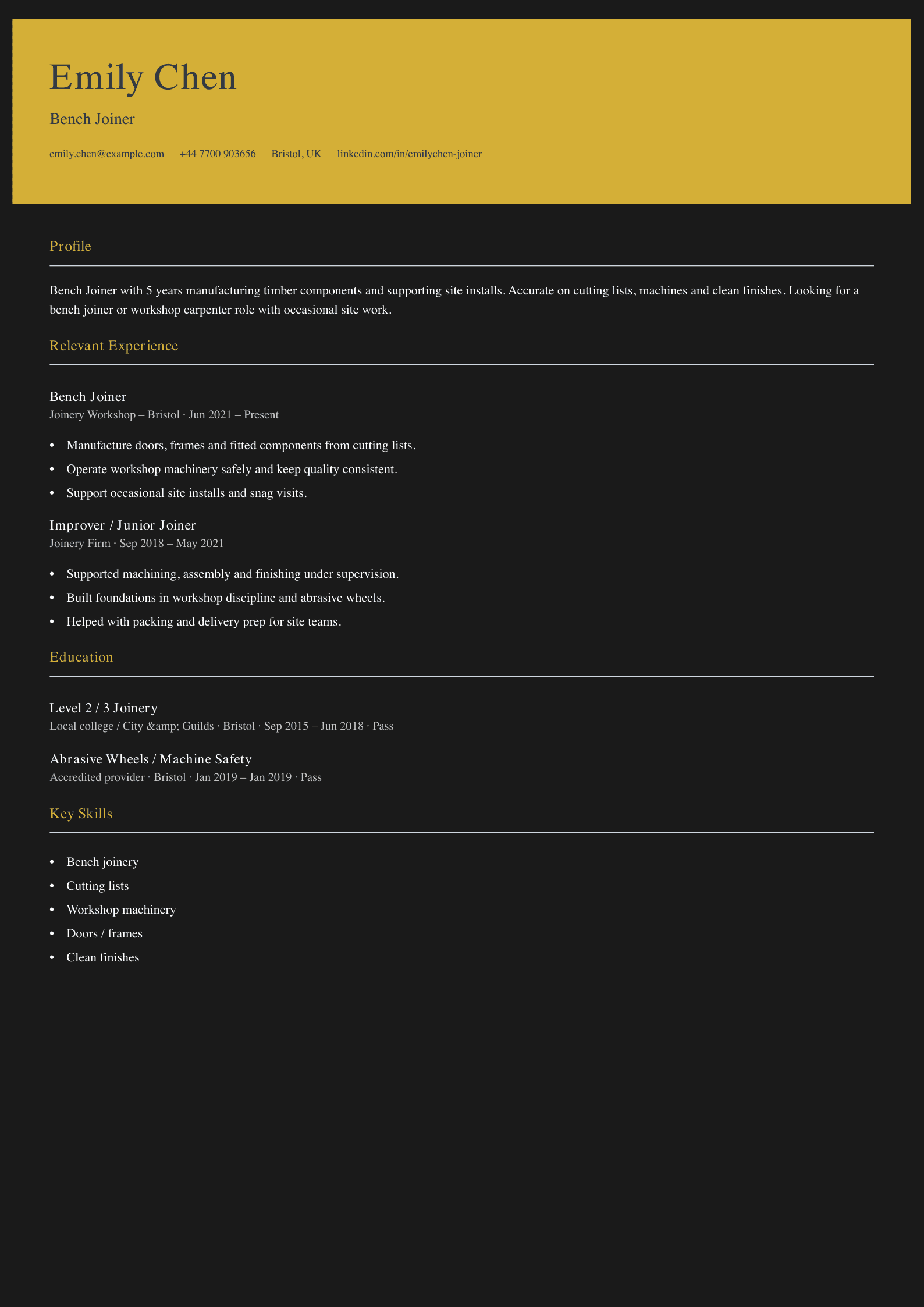 bench joiner CV template