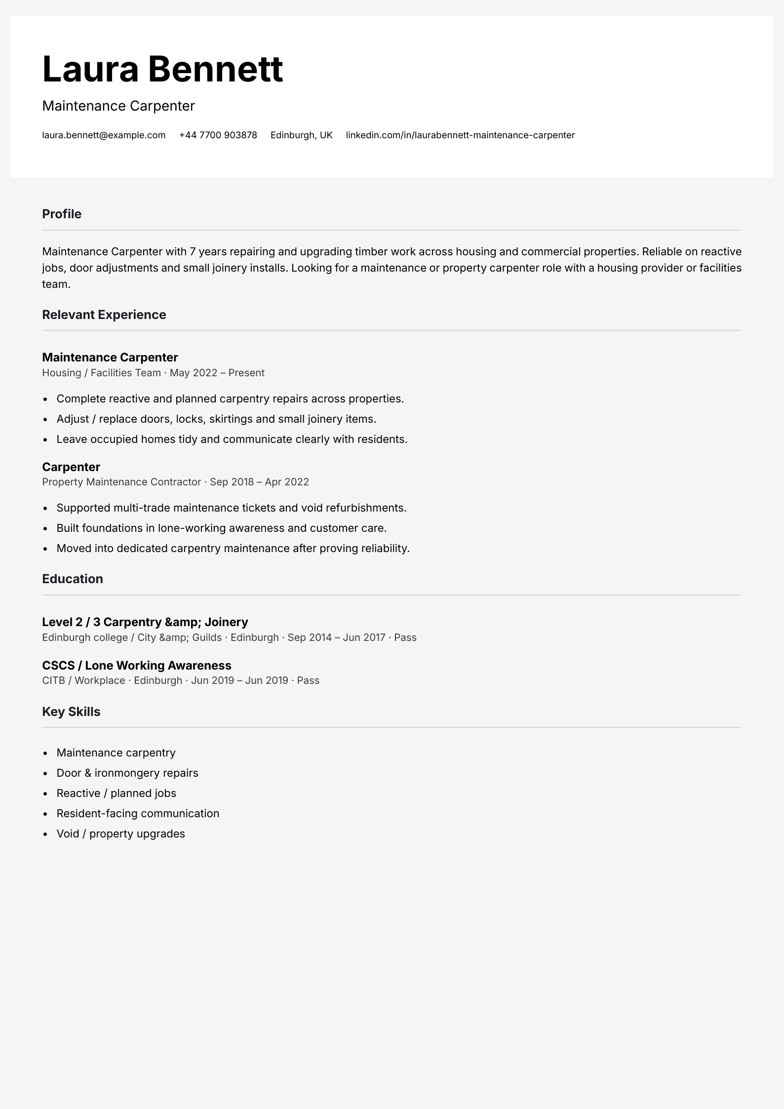 maintenance carpenter CV template