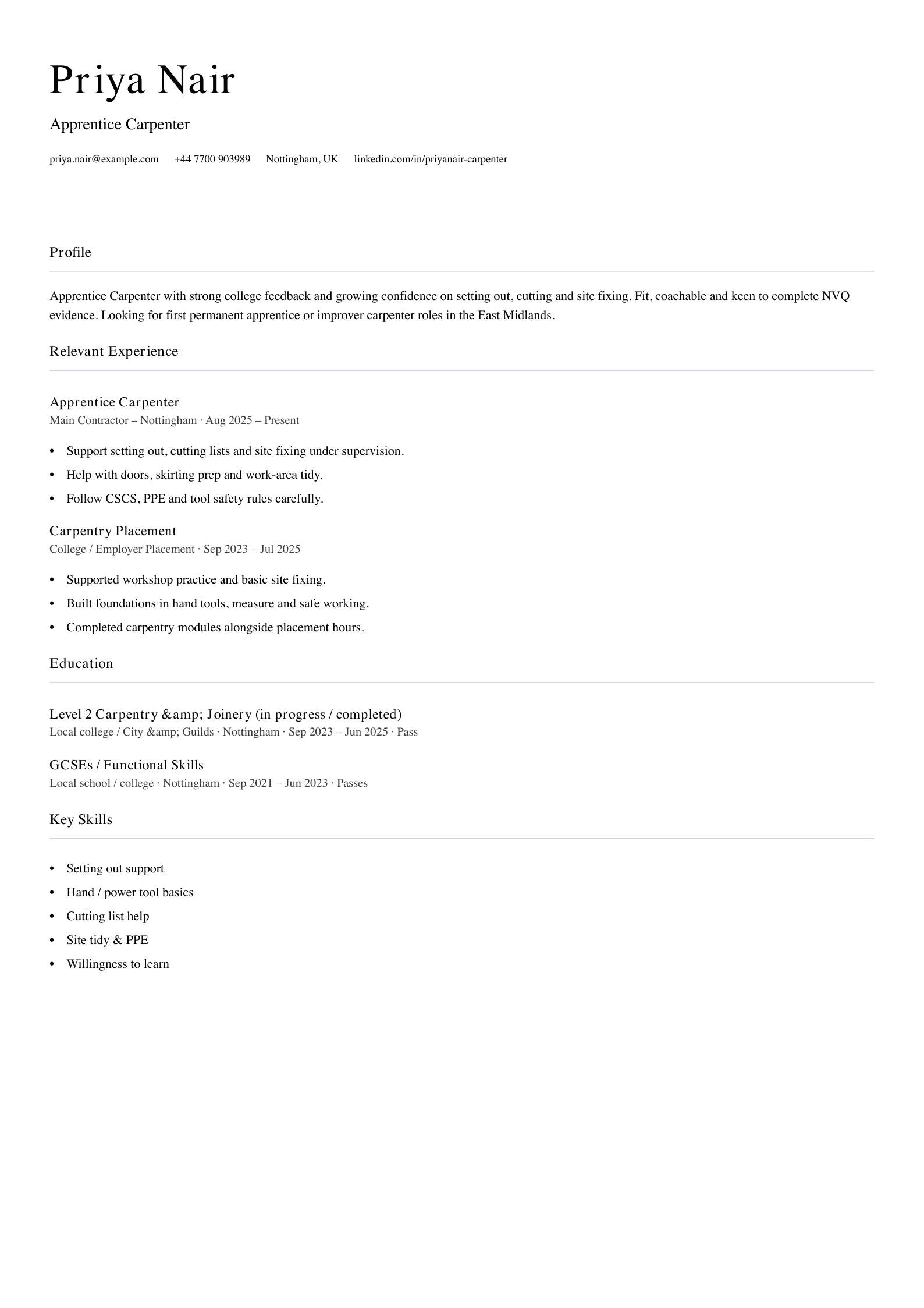apprentice carpenter CV template