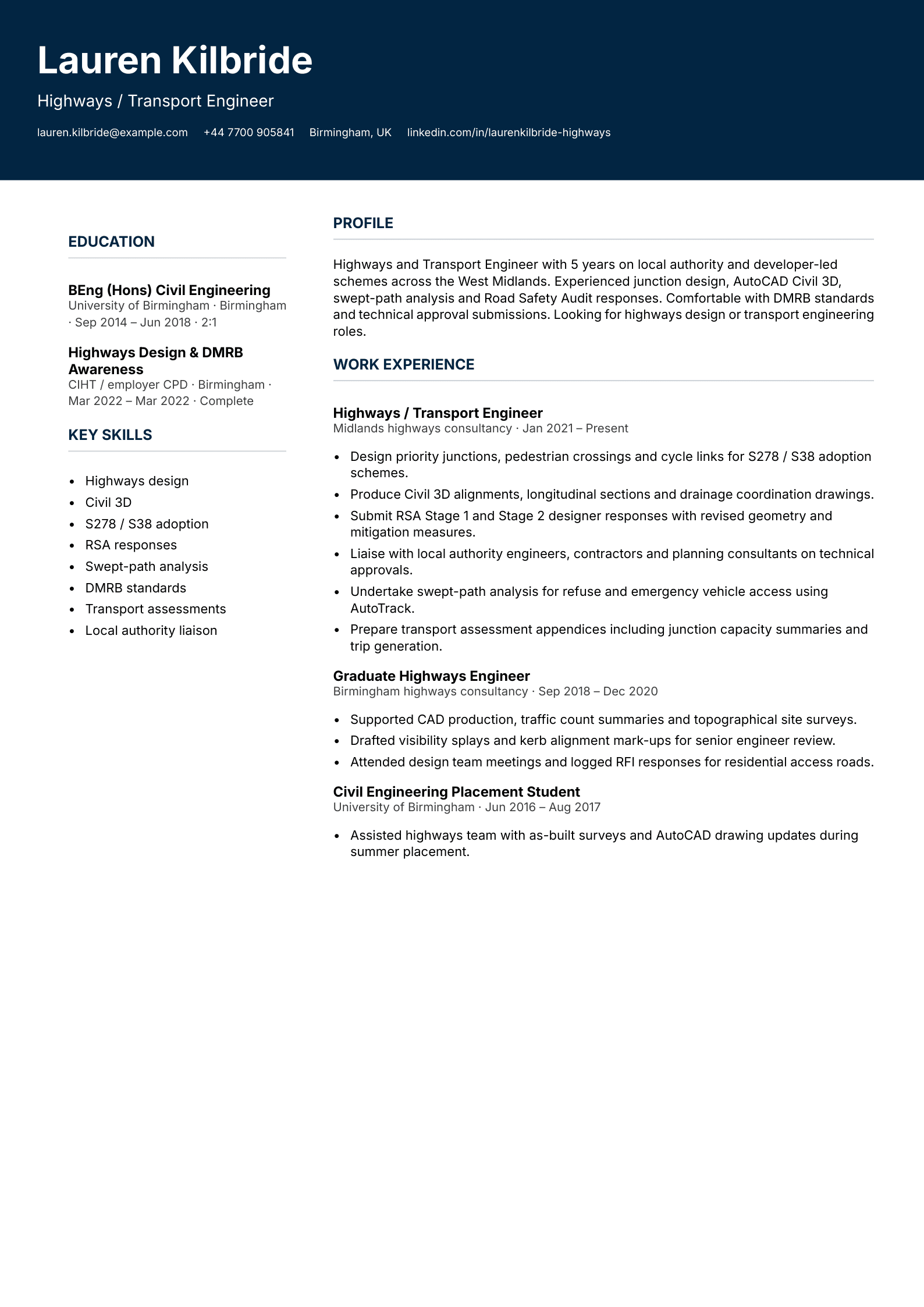 highways transport engineer cv template