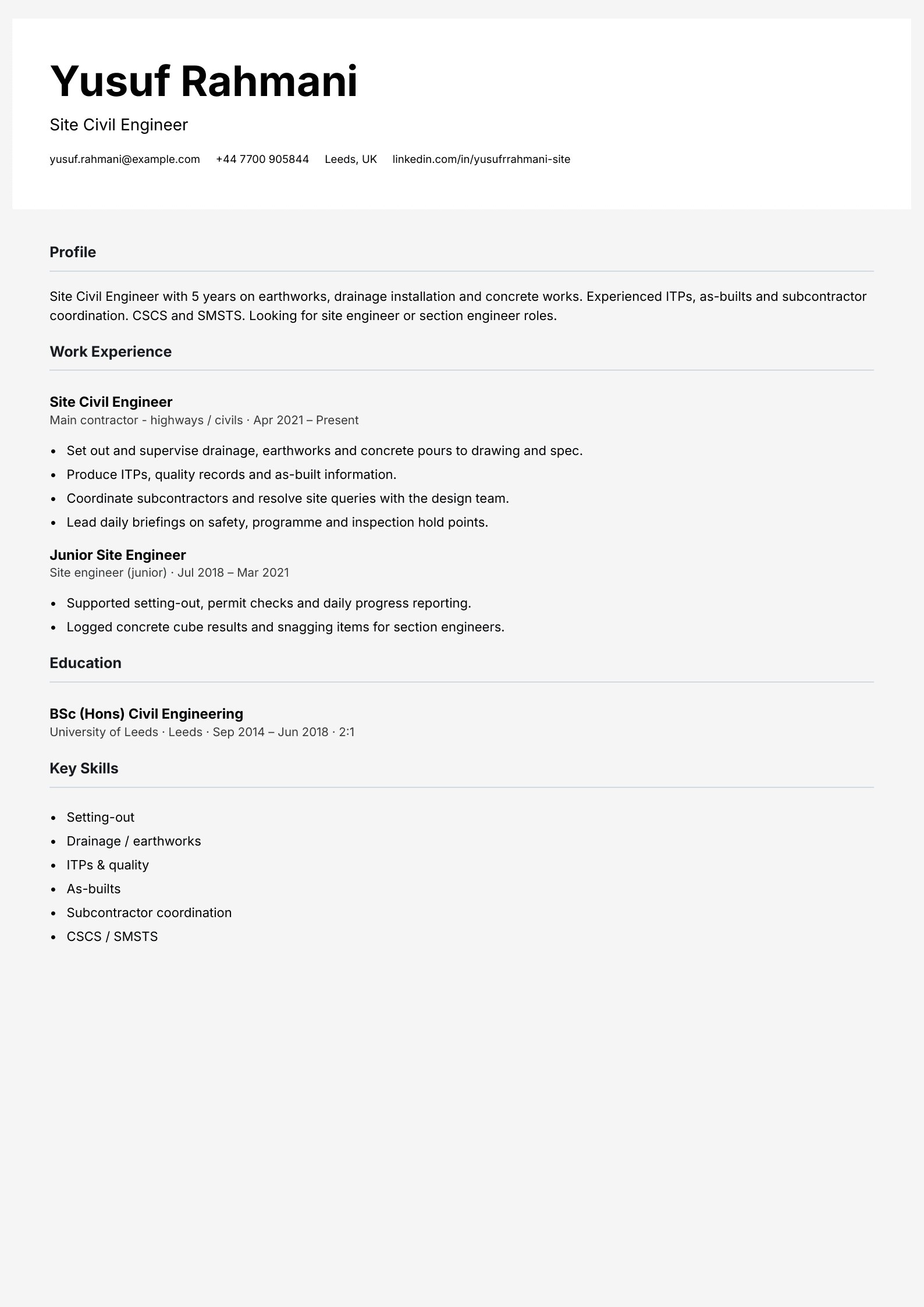 site civil engineer cv template