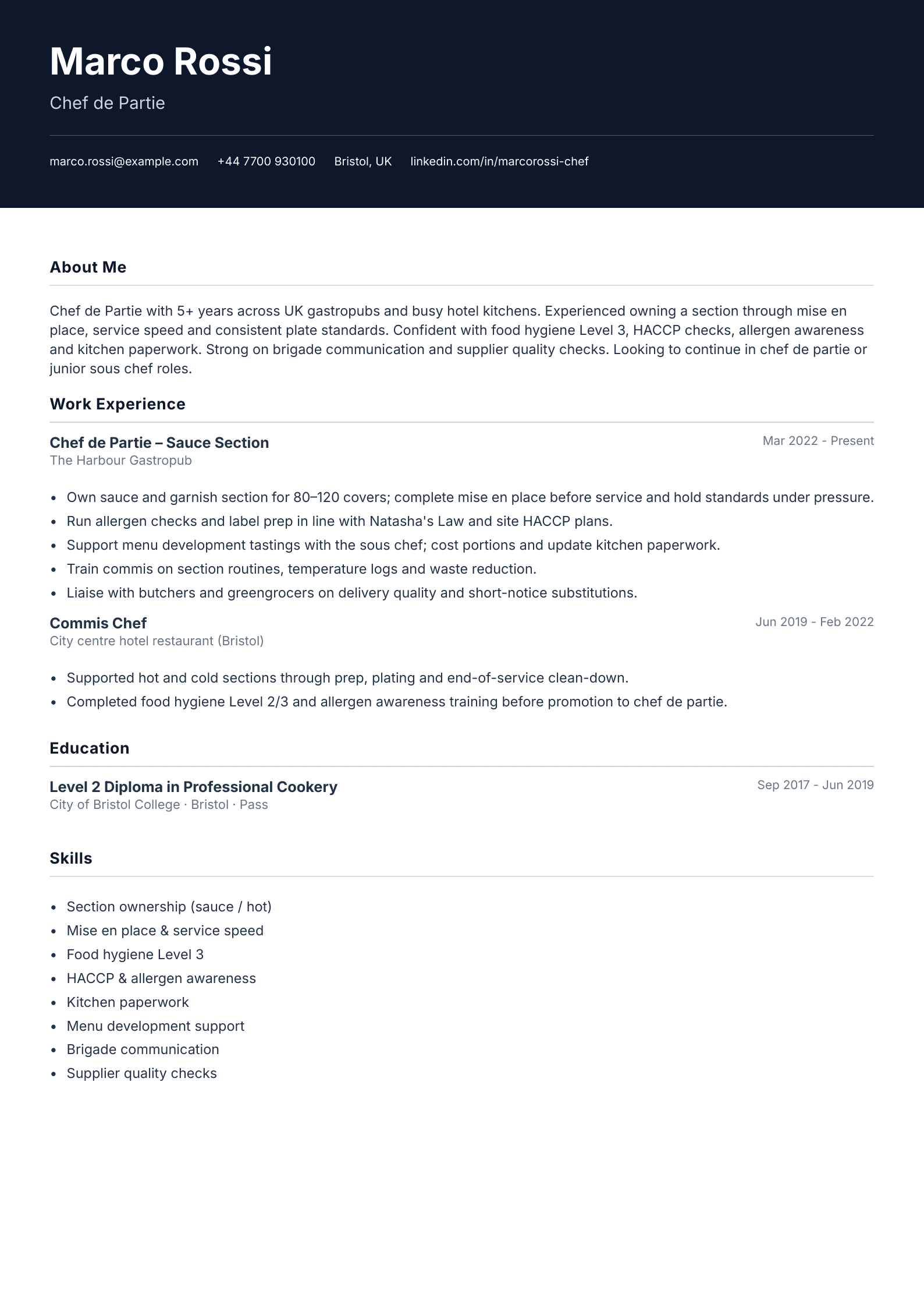 Chef de partie CV template