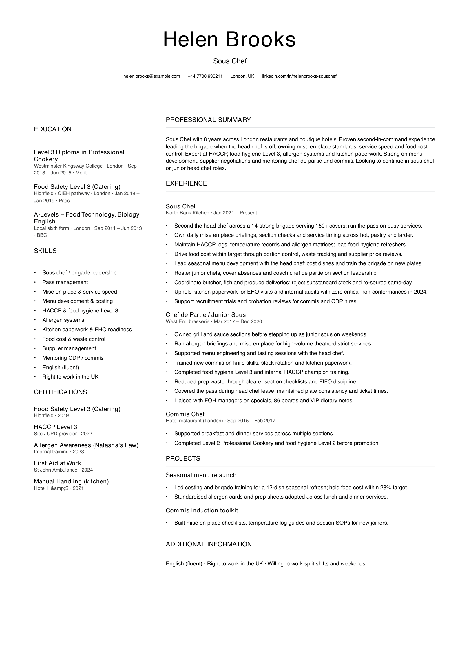 sous chef cv template