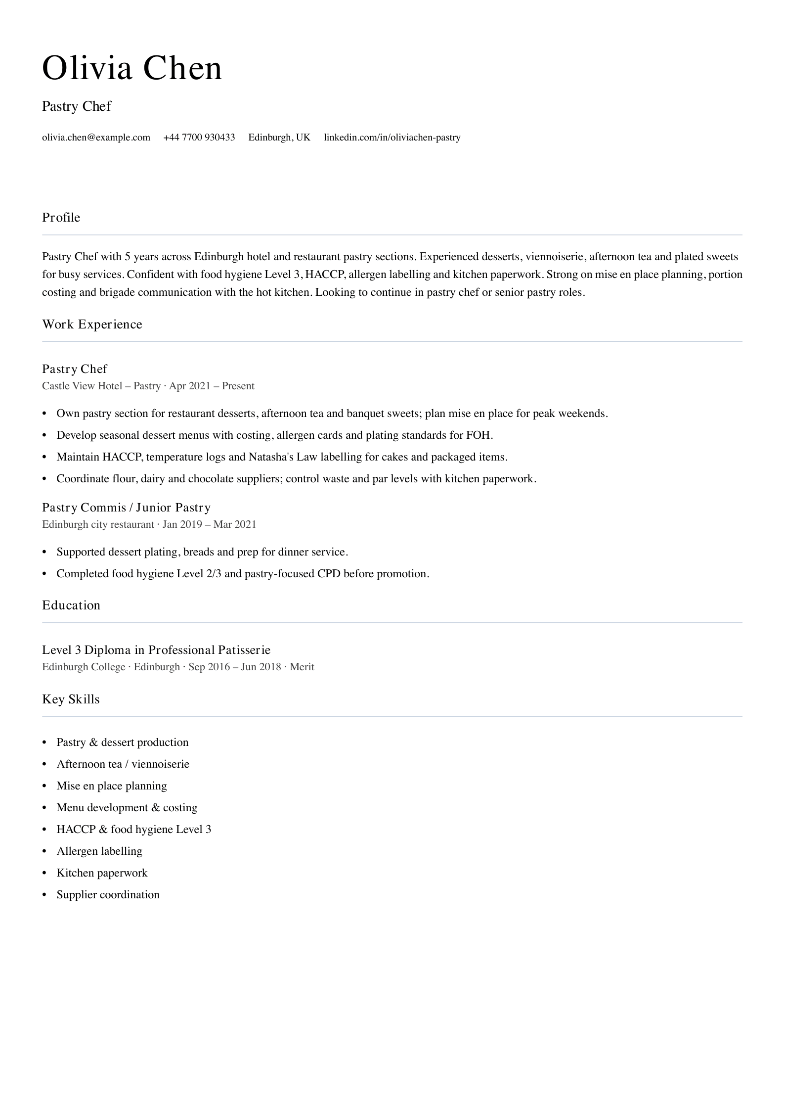 pastry chef cv template