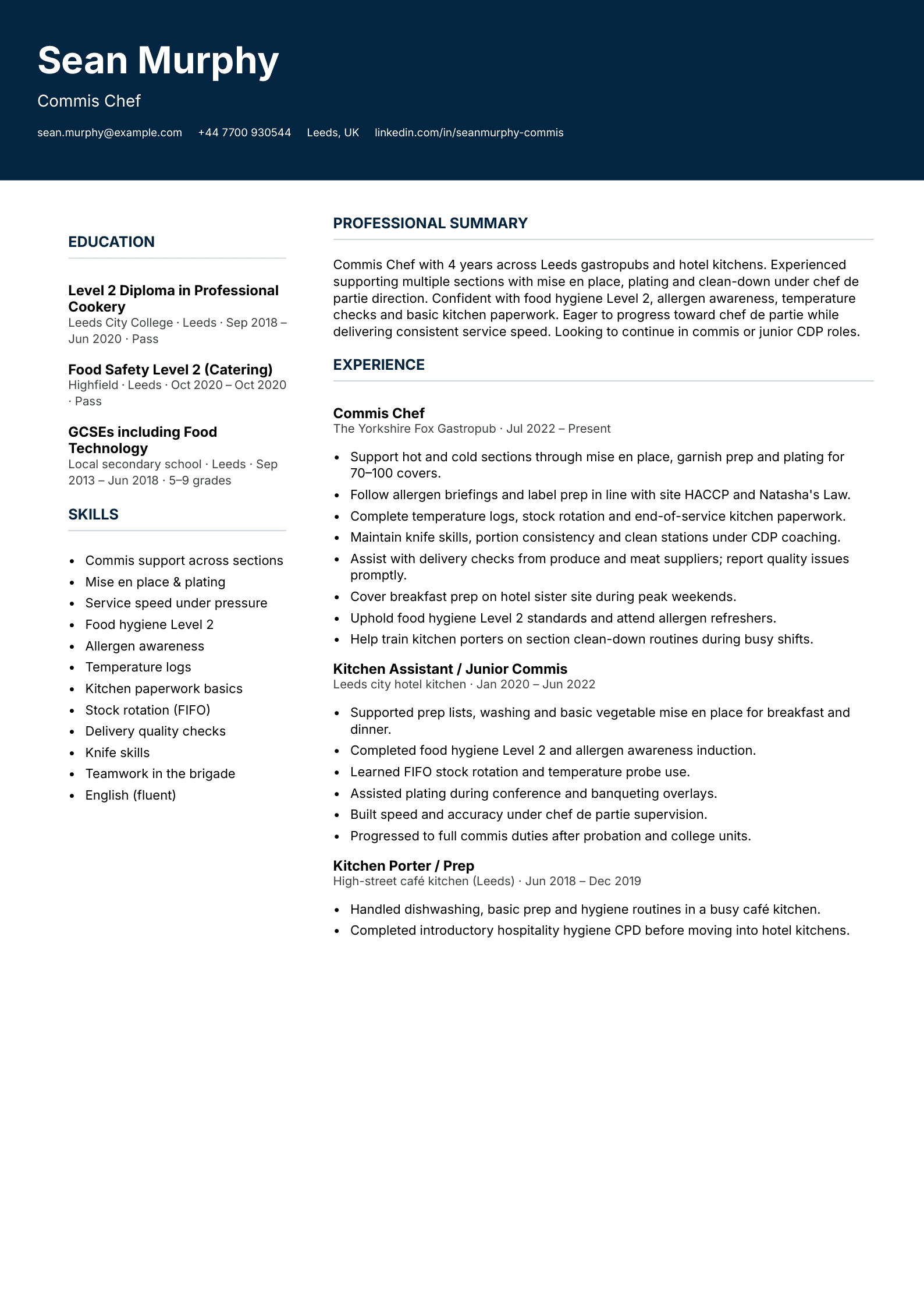 Commis chef CV template