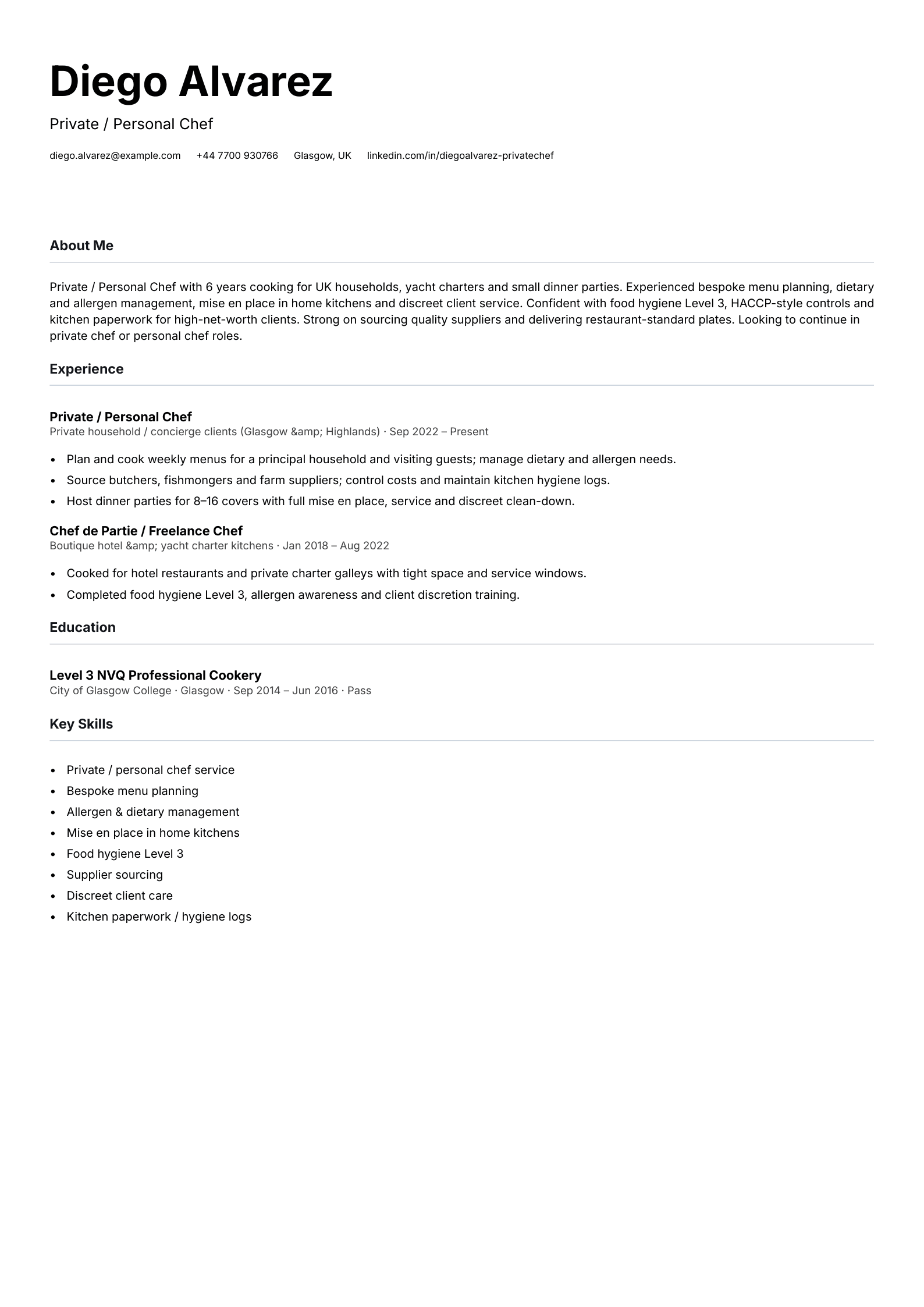 private personal chef cv template