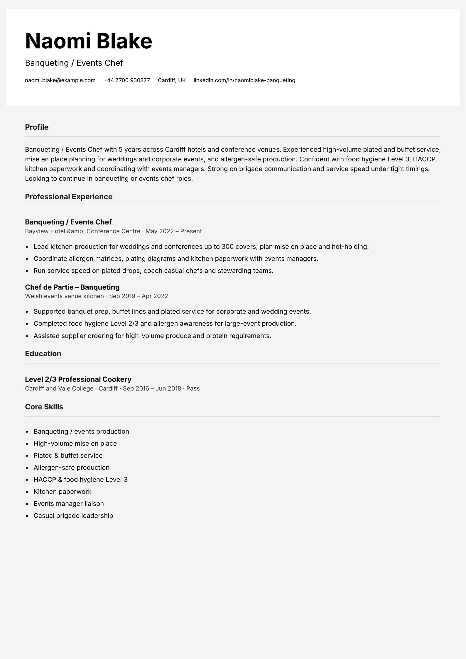 banqueting events chef cv template