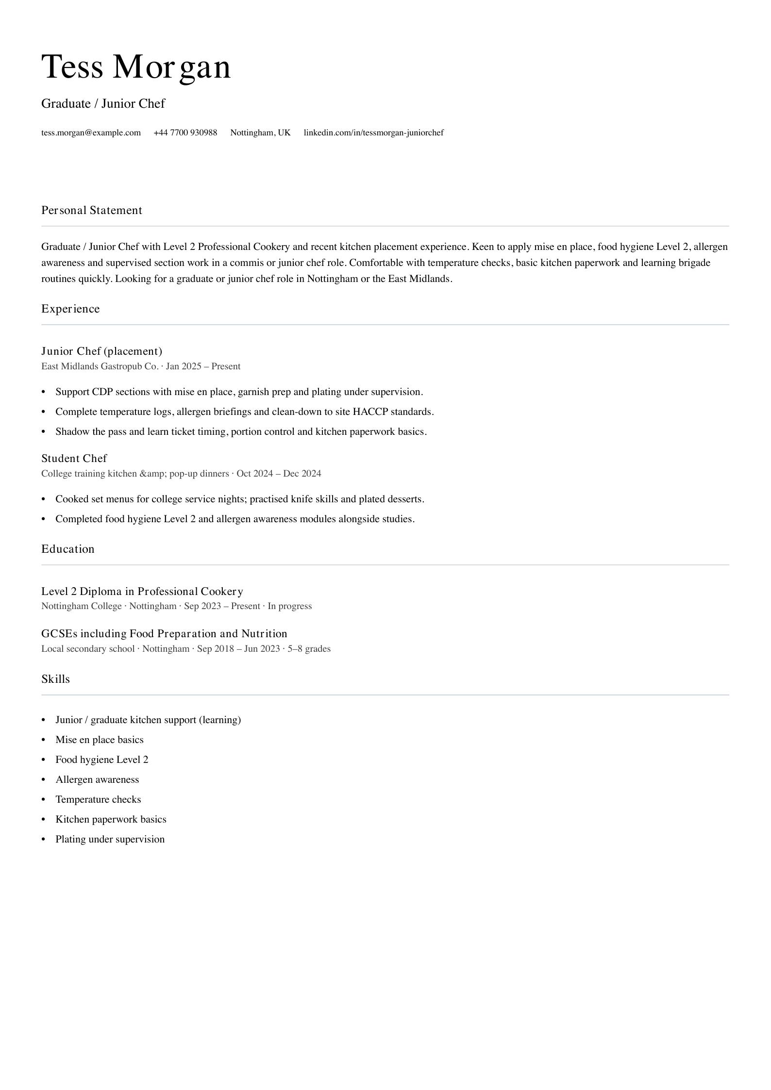 graduate junior chef cv template