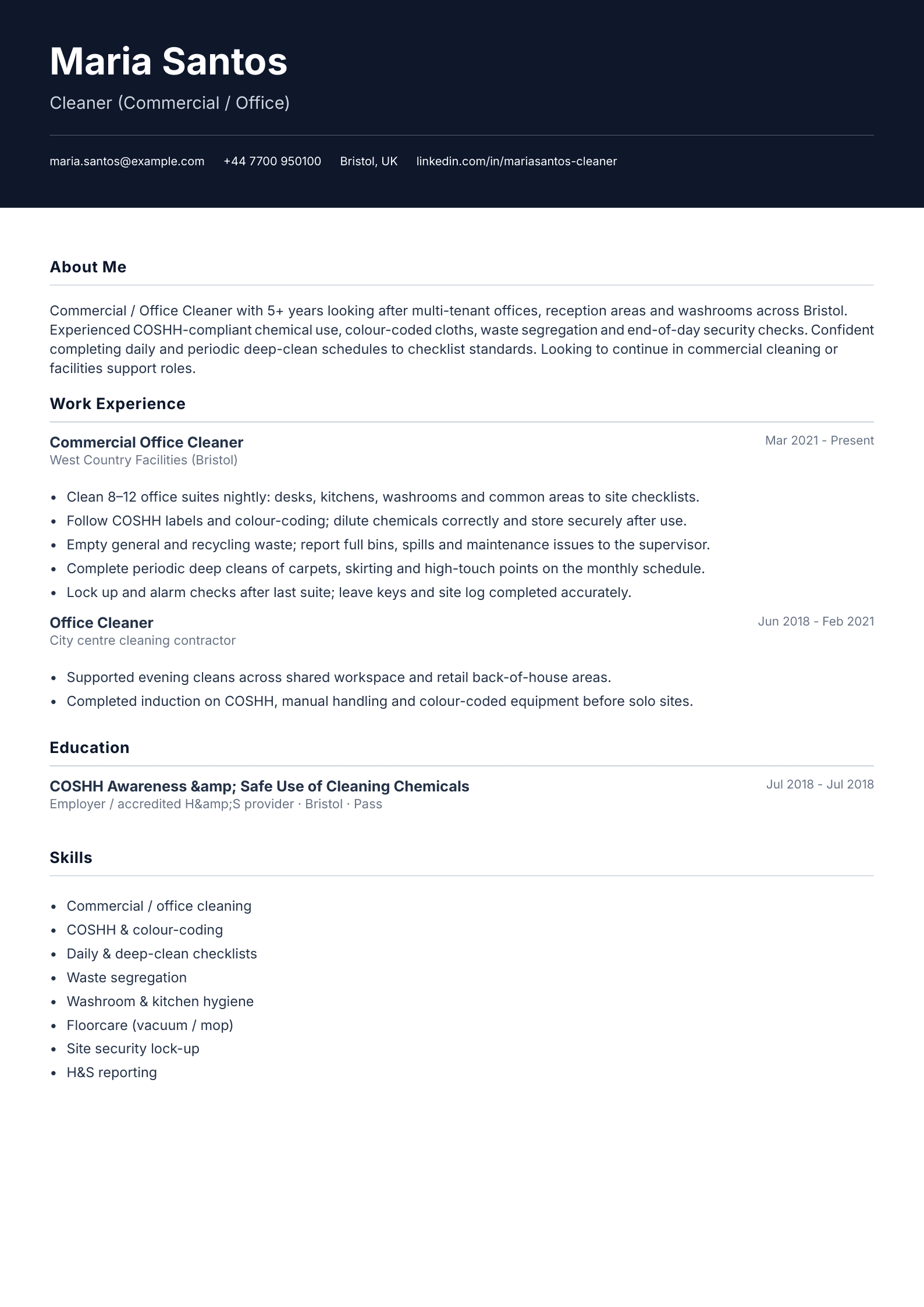 Commercial office cleaner CV template