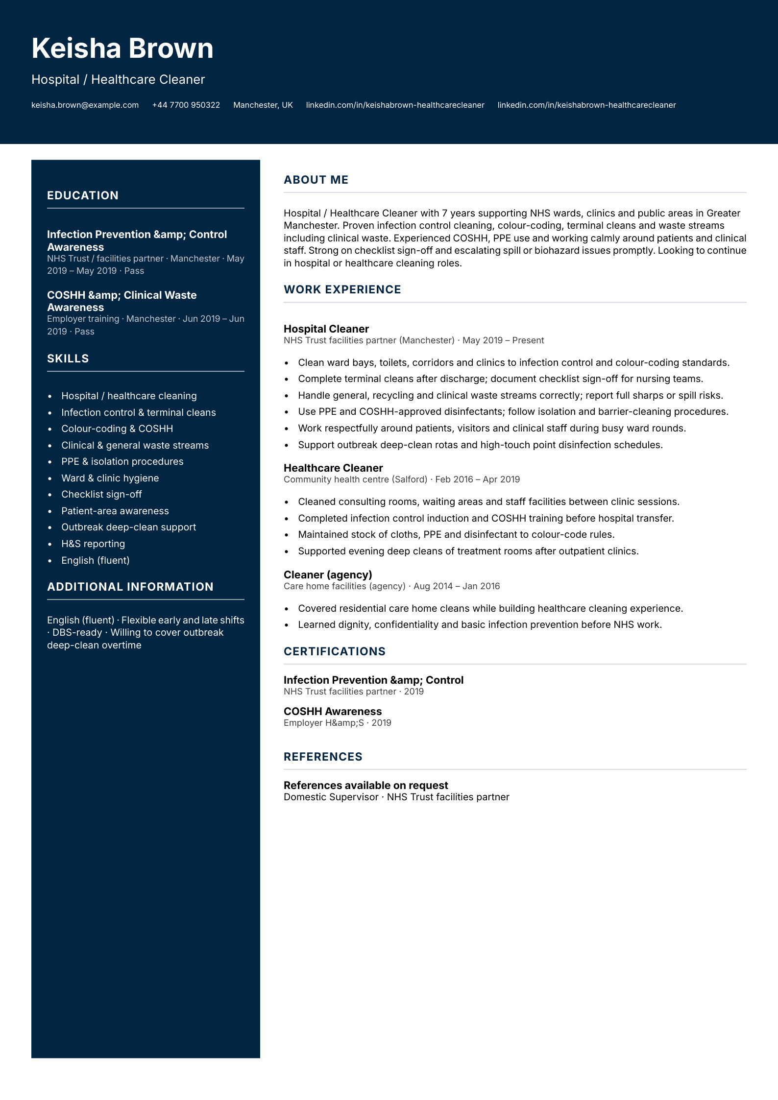 Hospital healthcare cleaner CV template