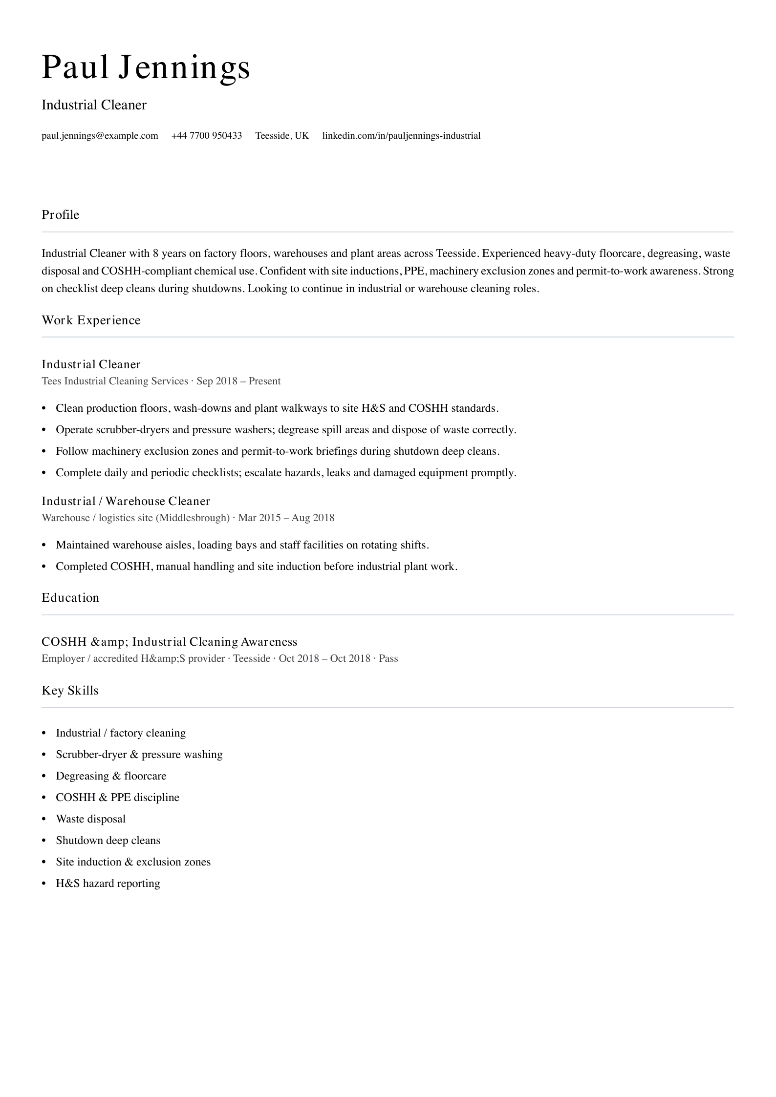 industrial cleaner cv template