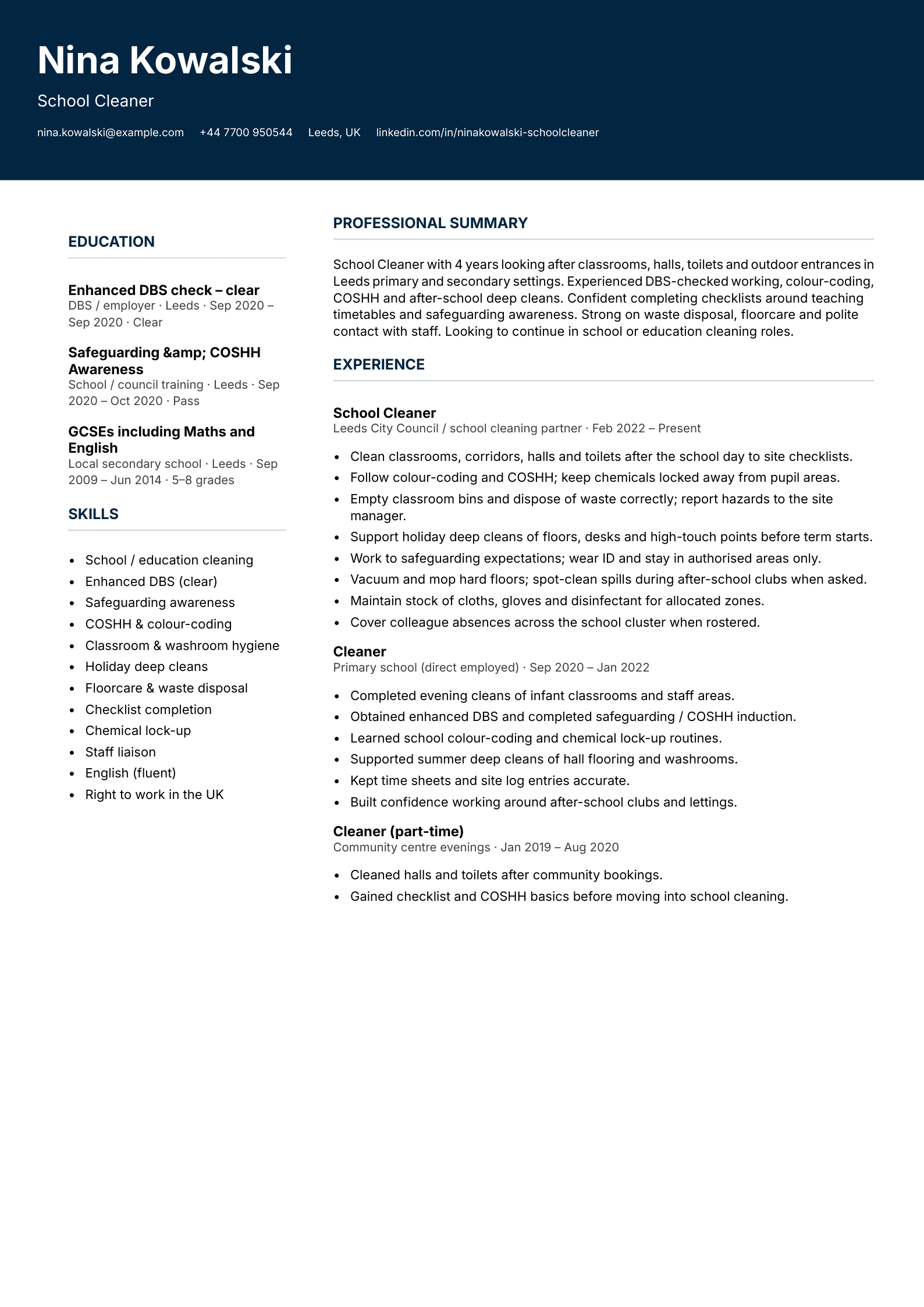 School cleaner CV template
