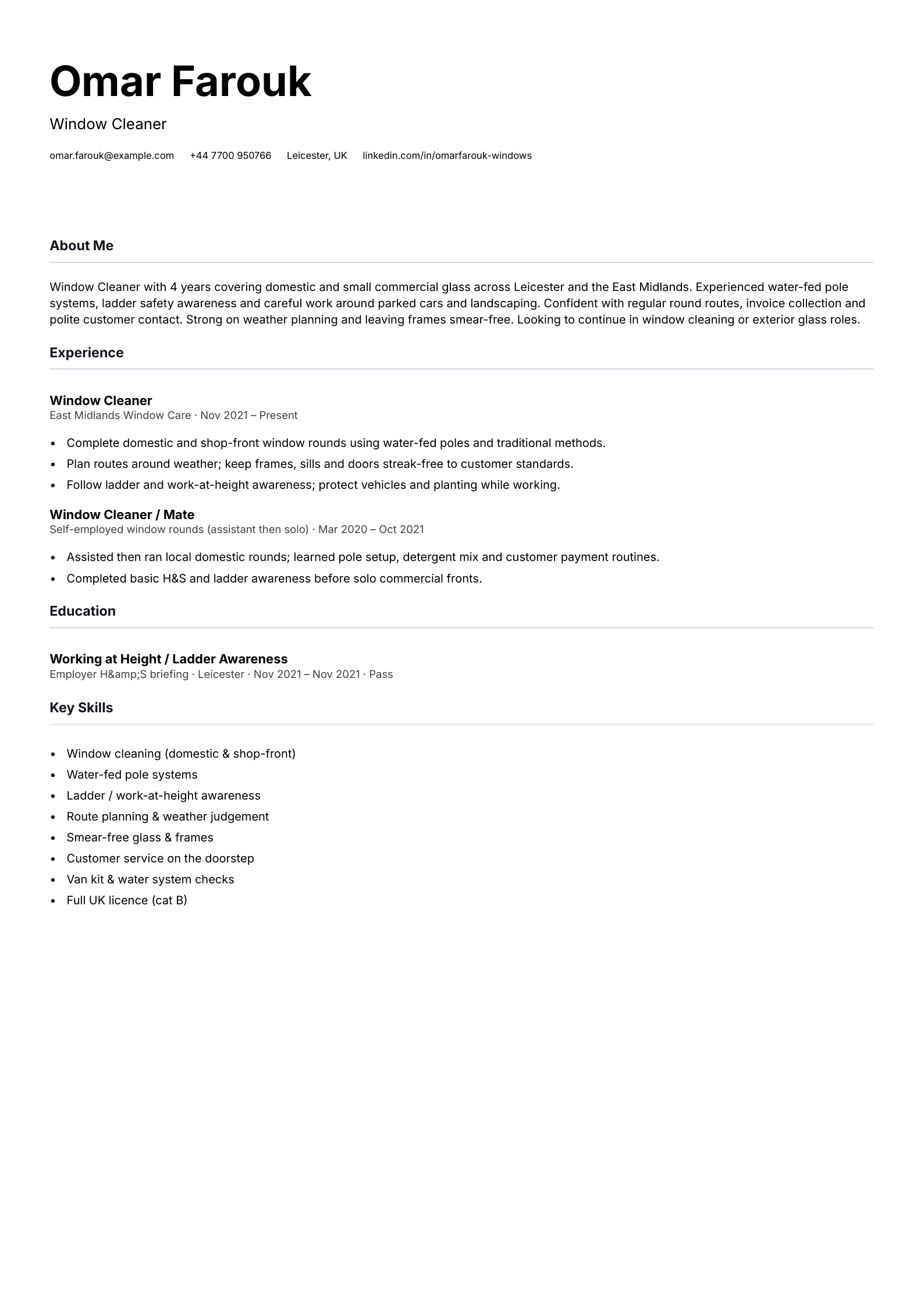 window cleaner cv template