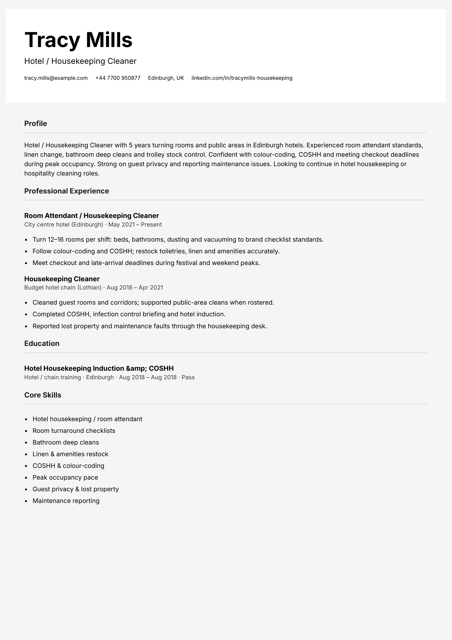 hotel housekeeping cleaner cv template