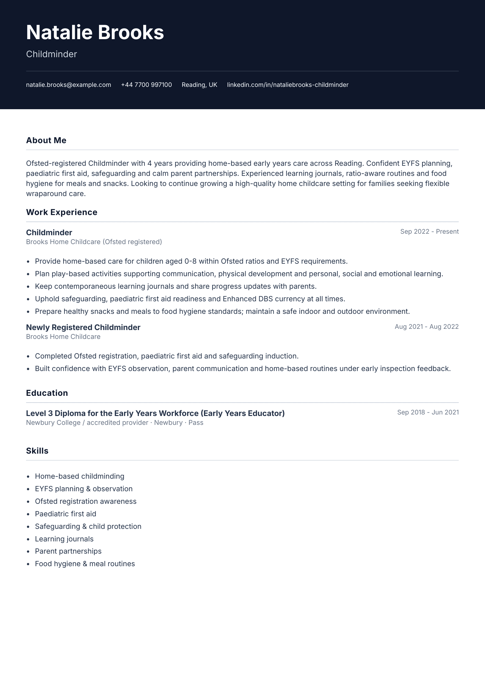 childminder cv template