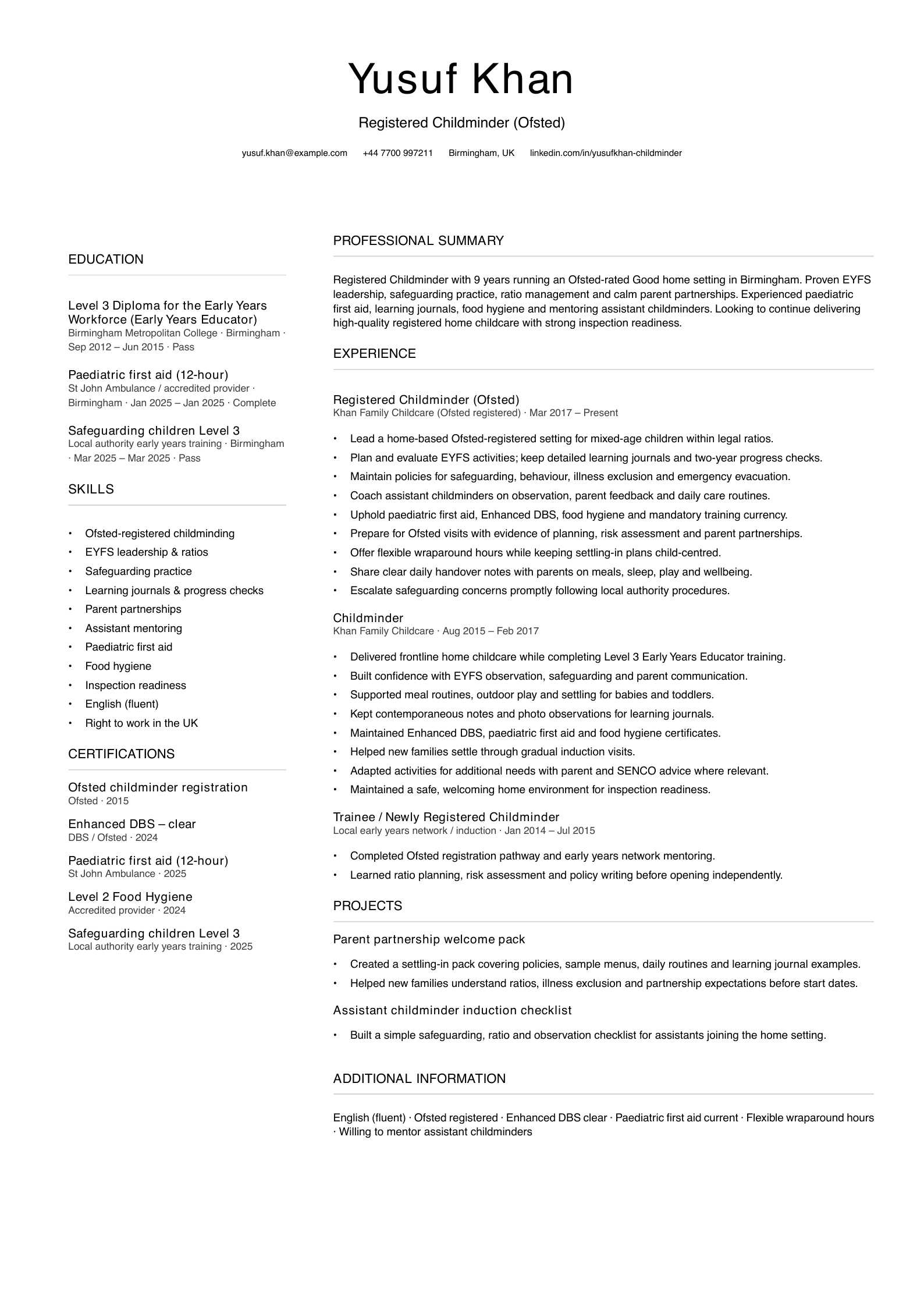registered ofsted childminder cv template