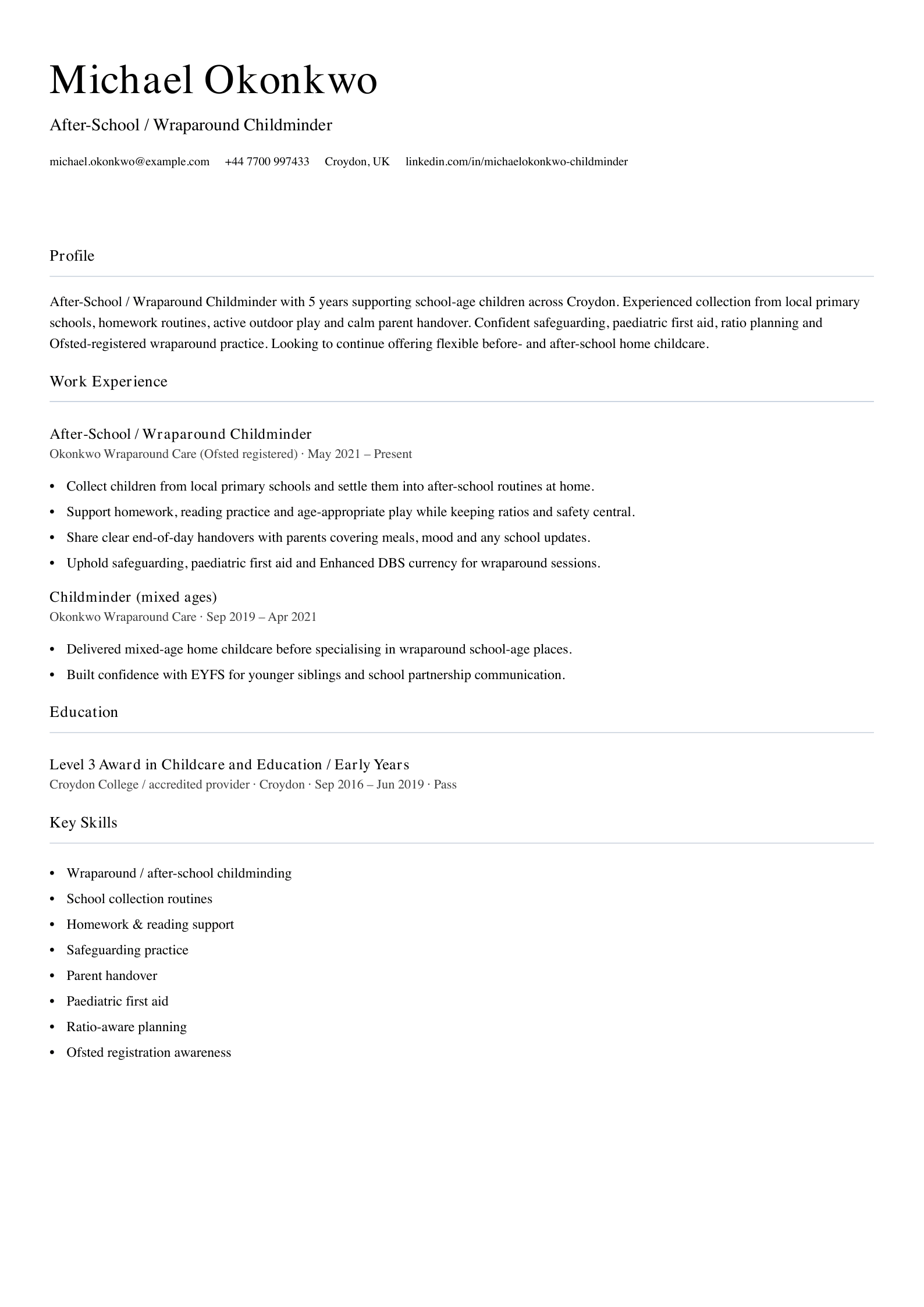 after school wraparound childminder cv template