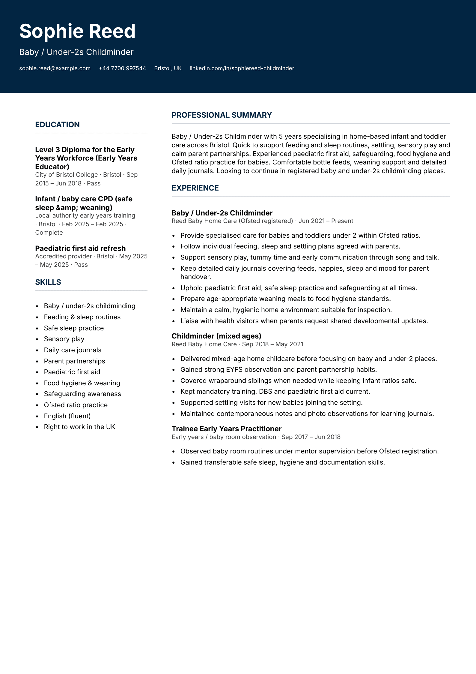 baby under 2s childminder cv template