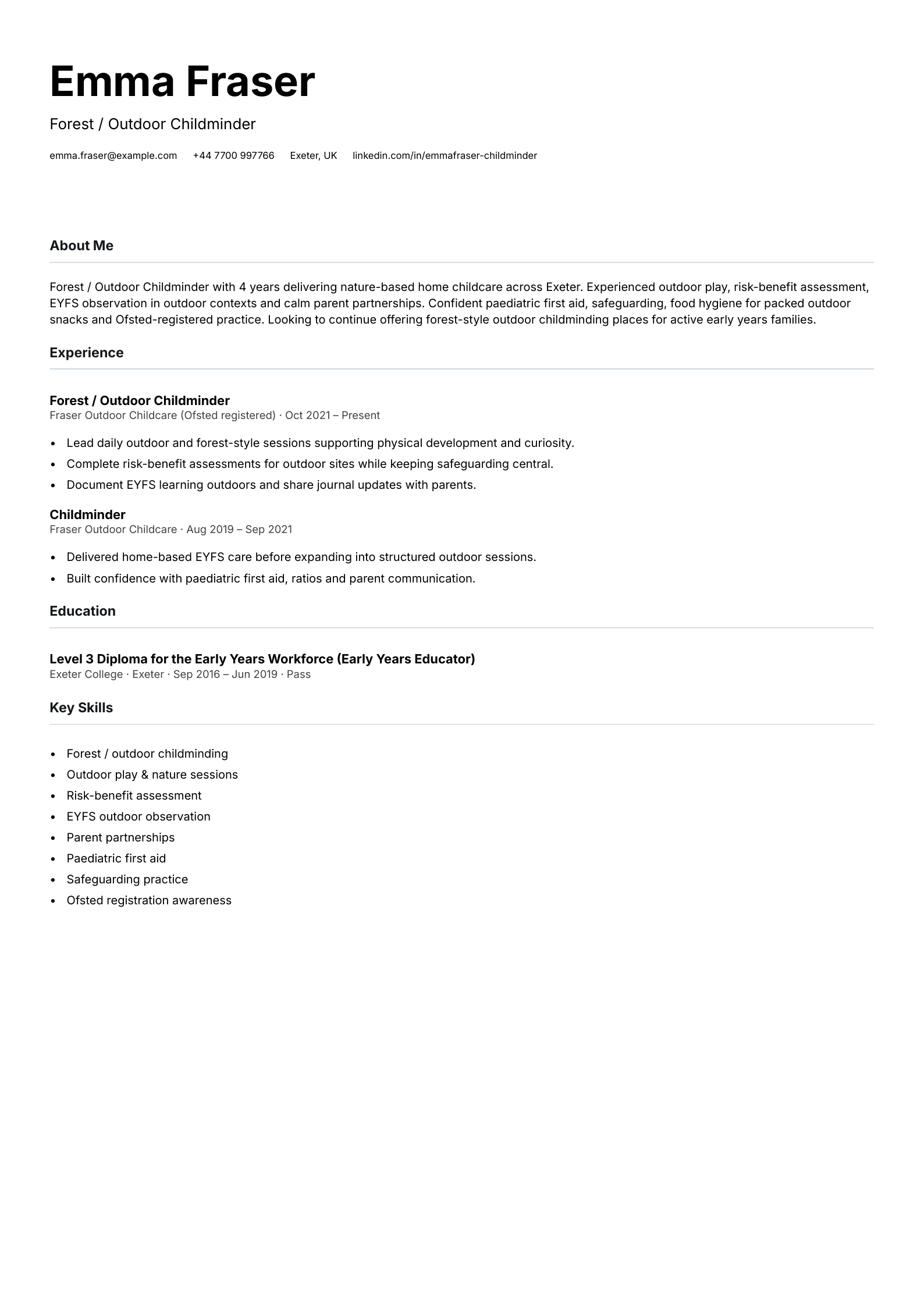 forest outdoor childminder cv template