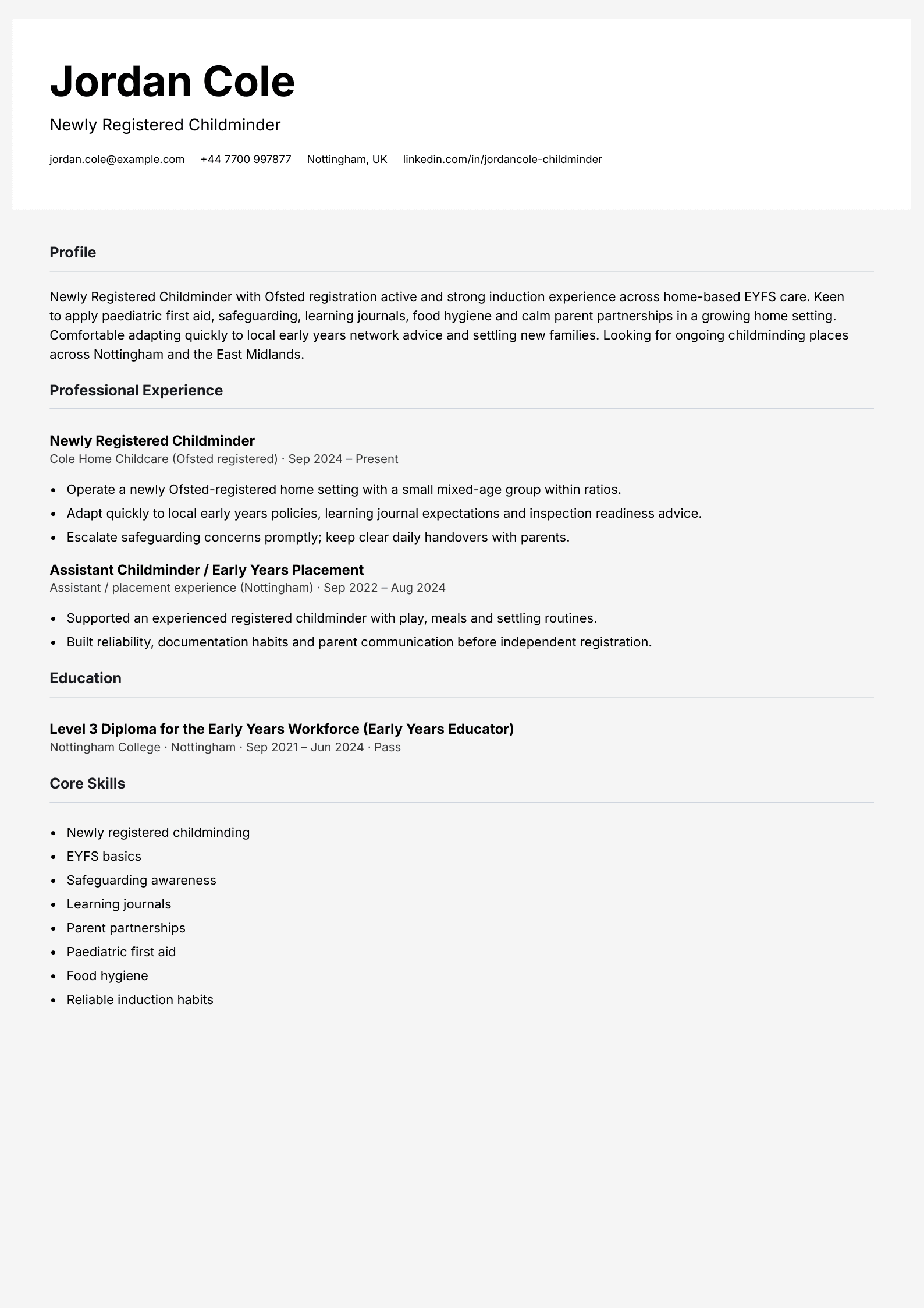 newly registered childminder cv template