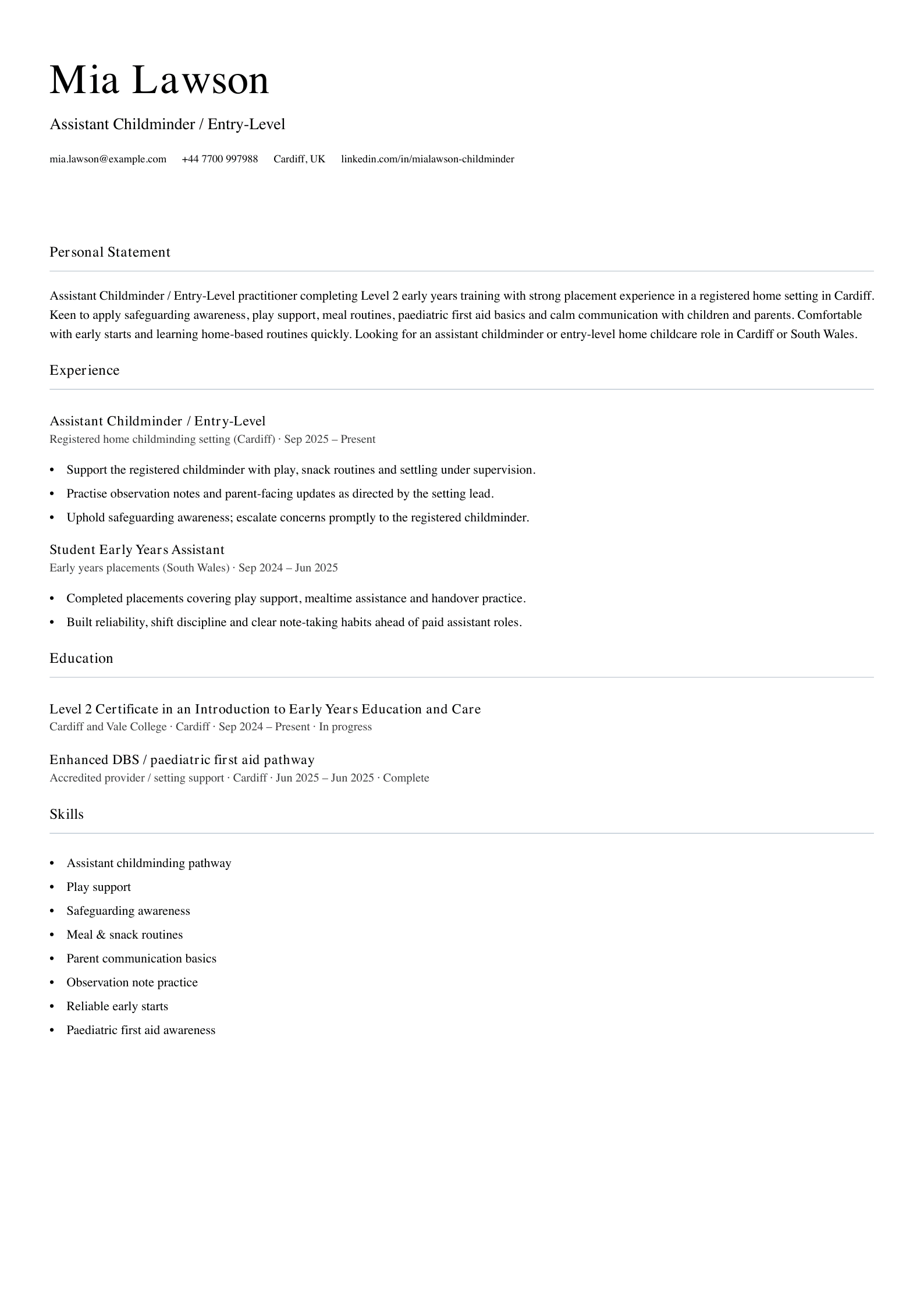 assistant childminder entry level cv template