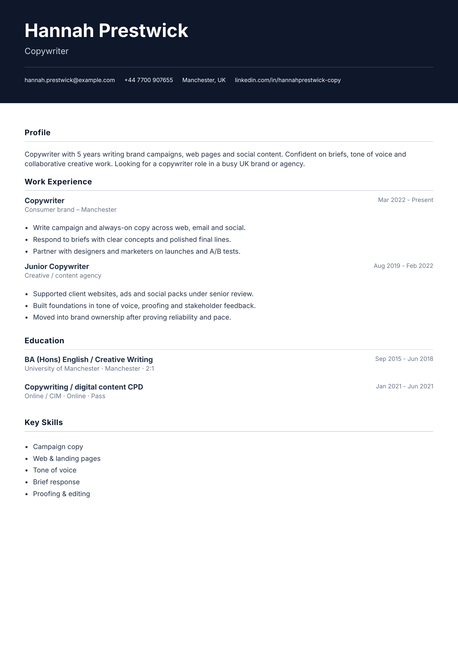 Copywriter CV template