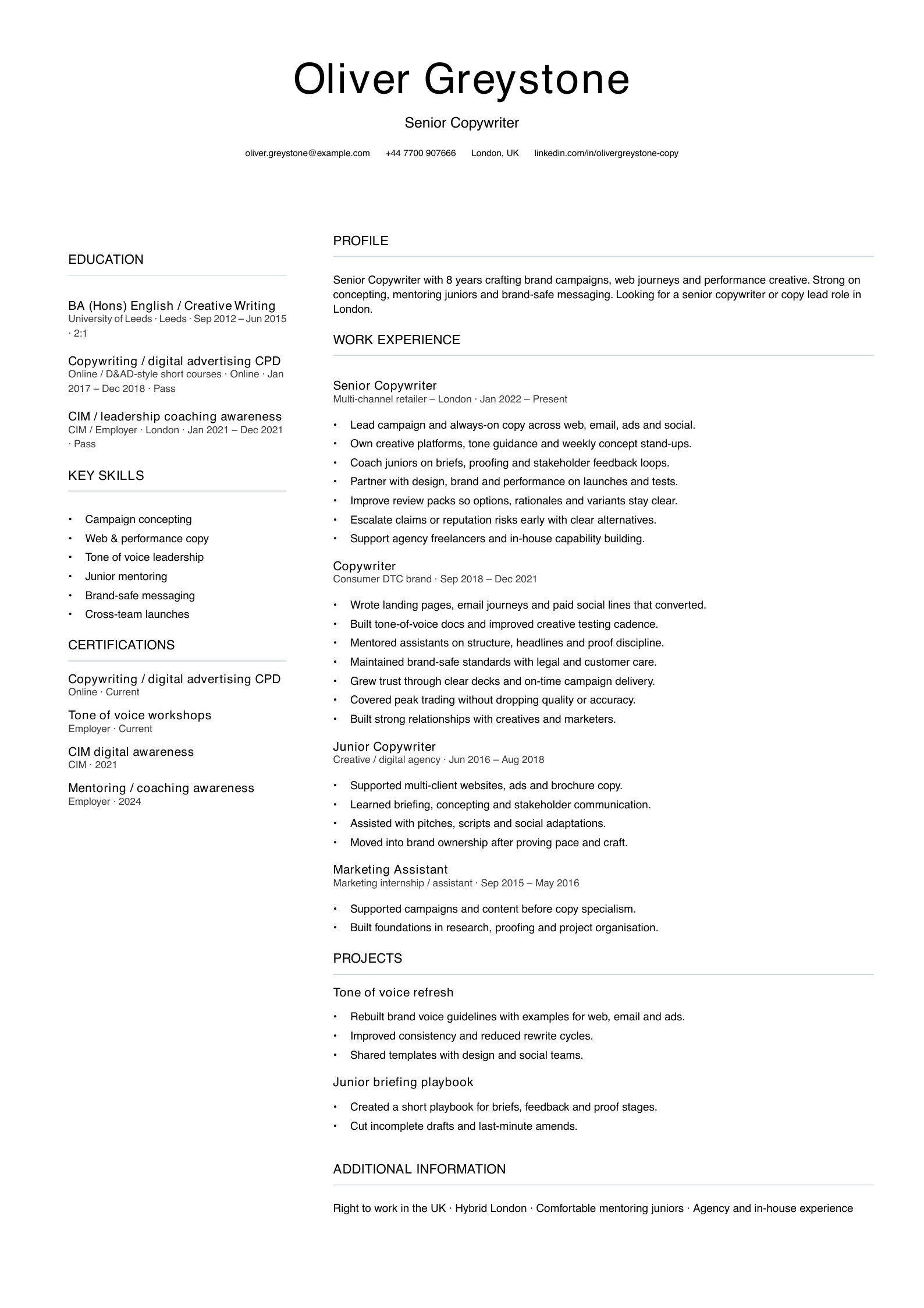senior copywriter CV template