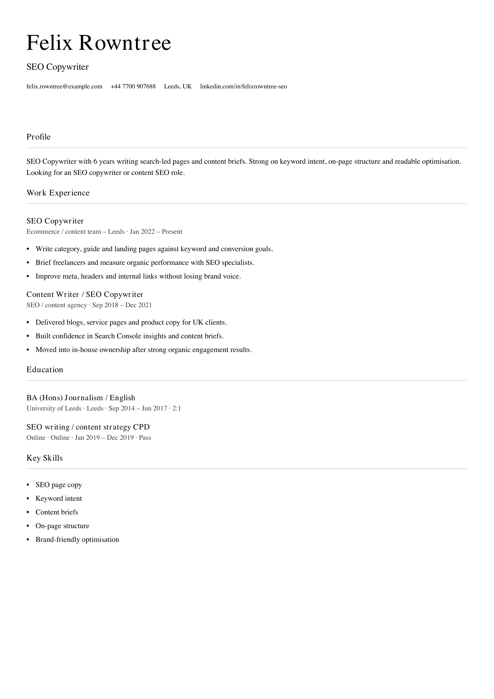 SEO copywriter CV template