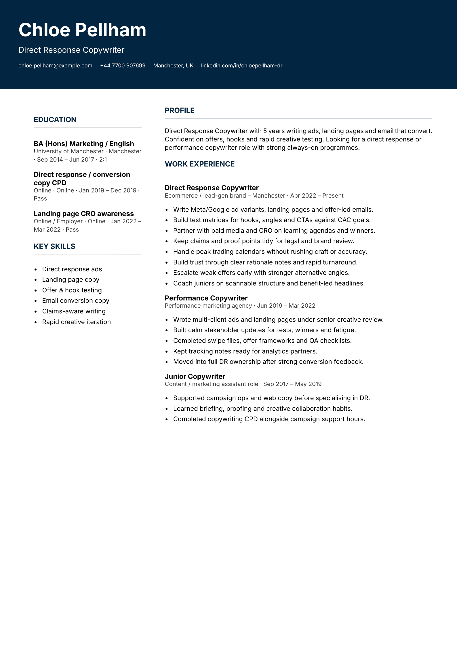 direct response copywriter CV template