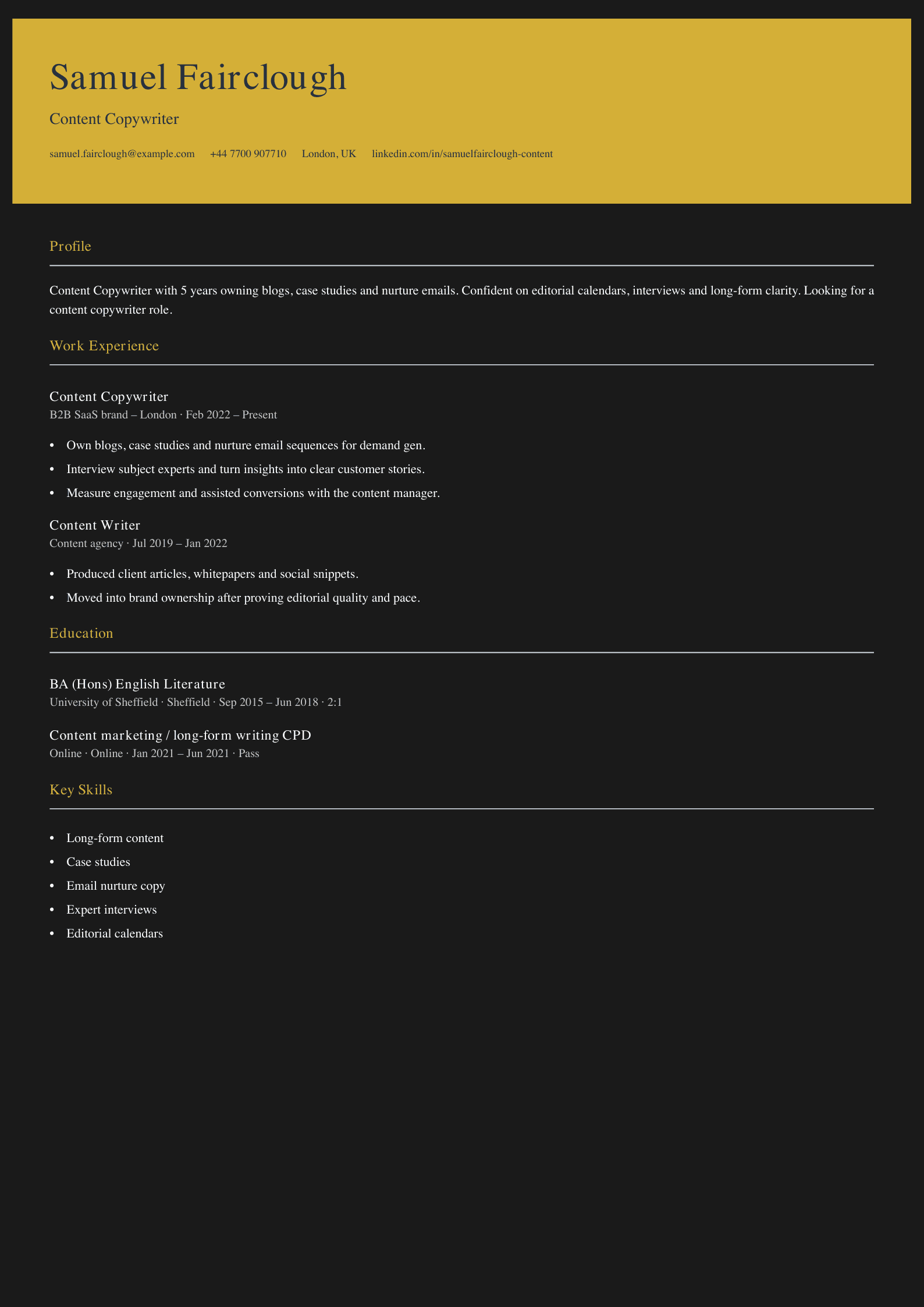 content copywriter CV template