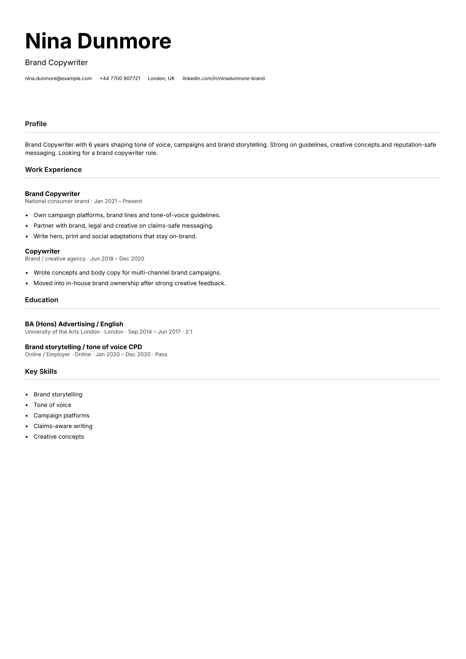brand copywriter CV template