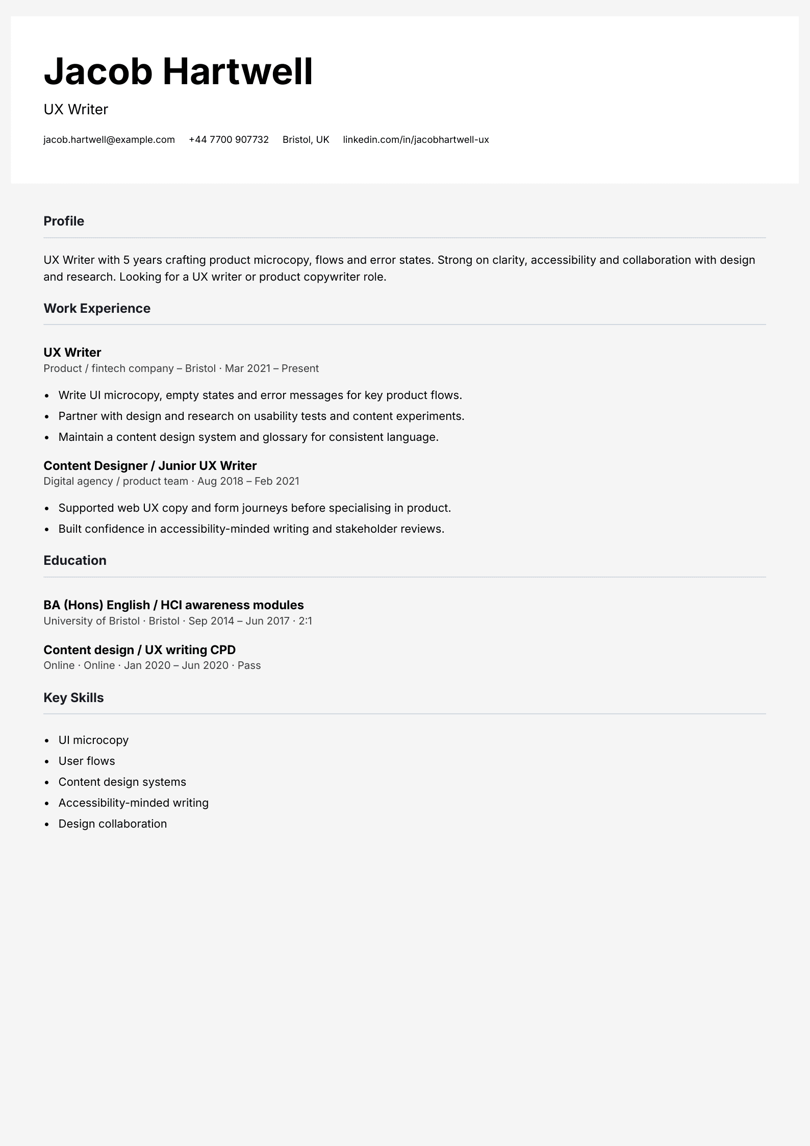 UX writer CV template