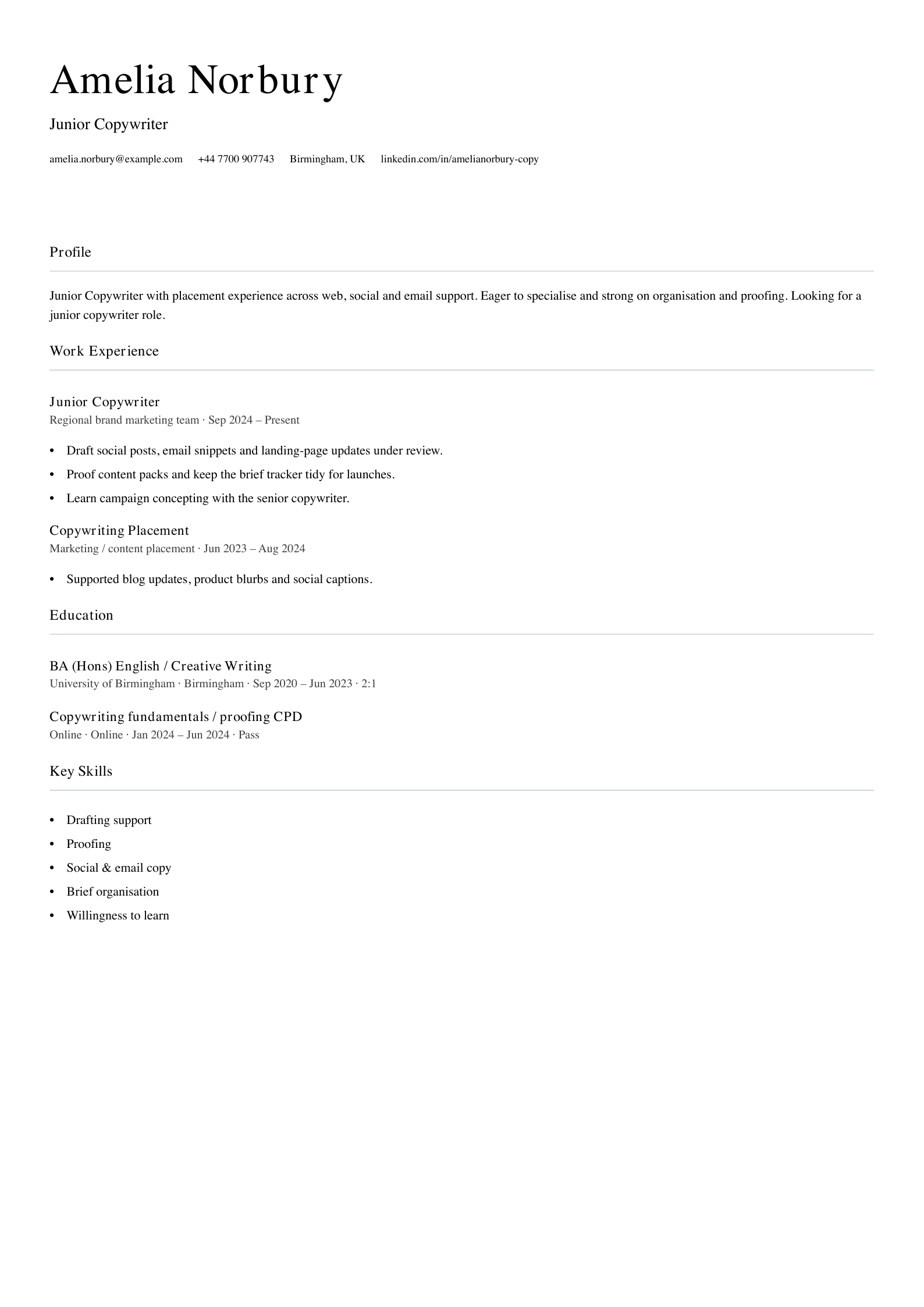 junior copywriter CV template