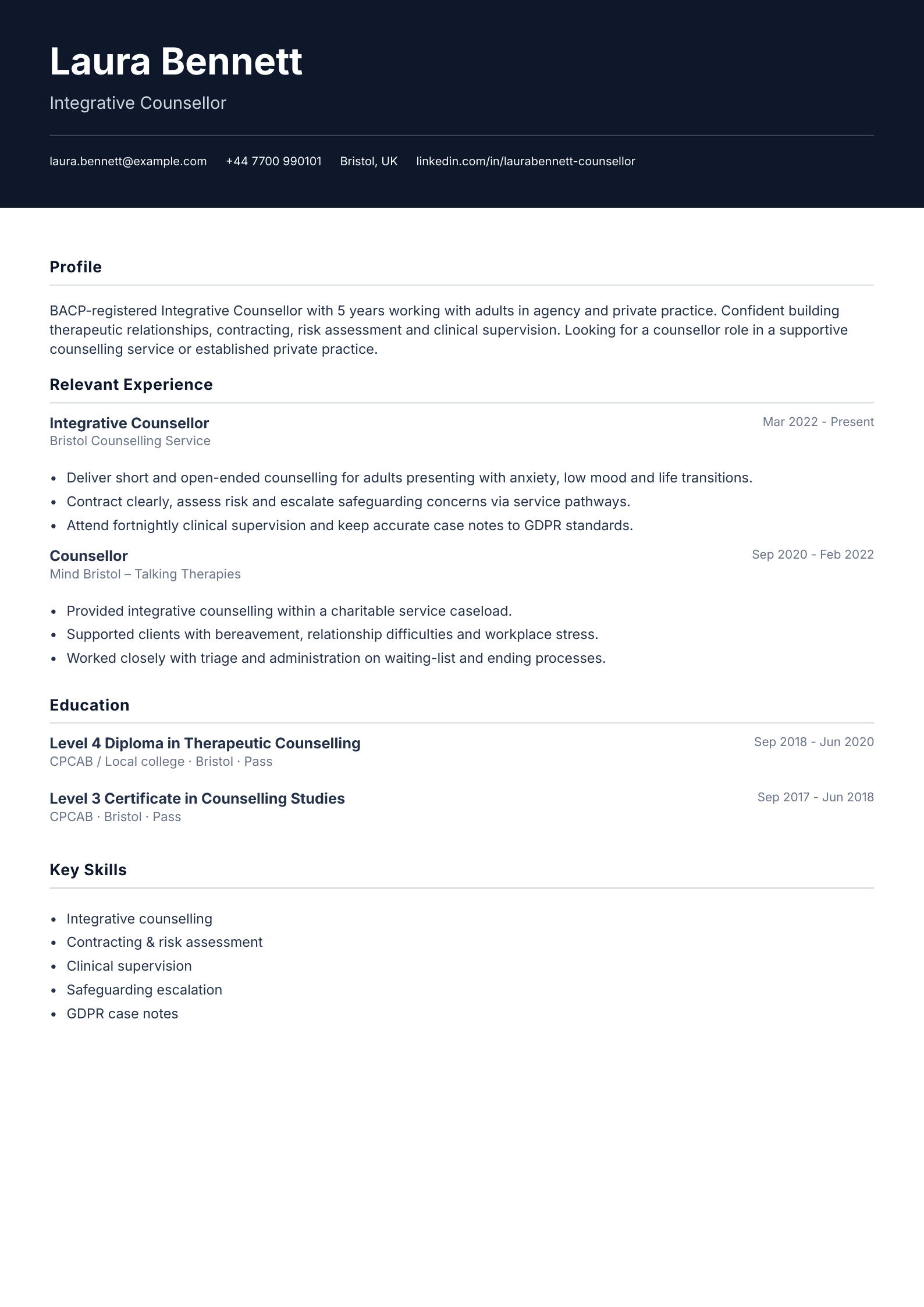 Integrative counsellor CV template