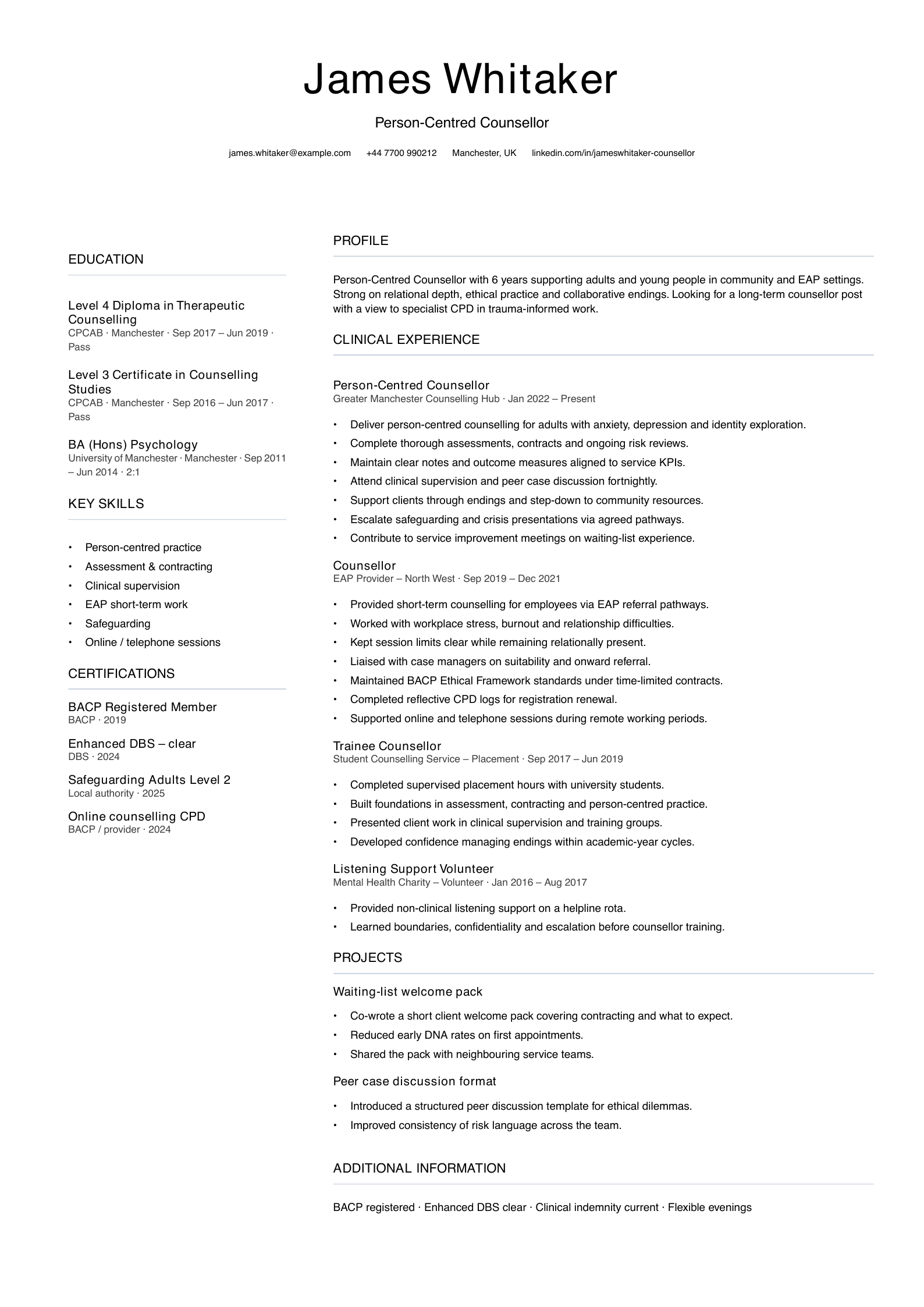 person-centred counsellor CV template